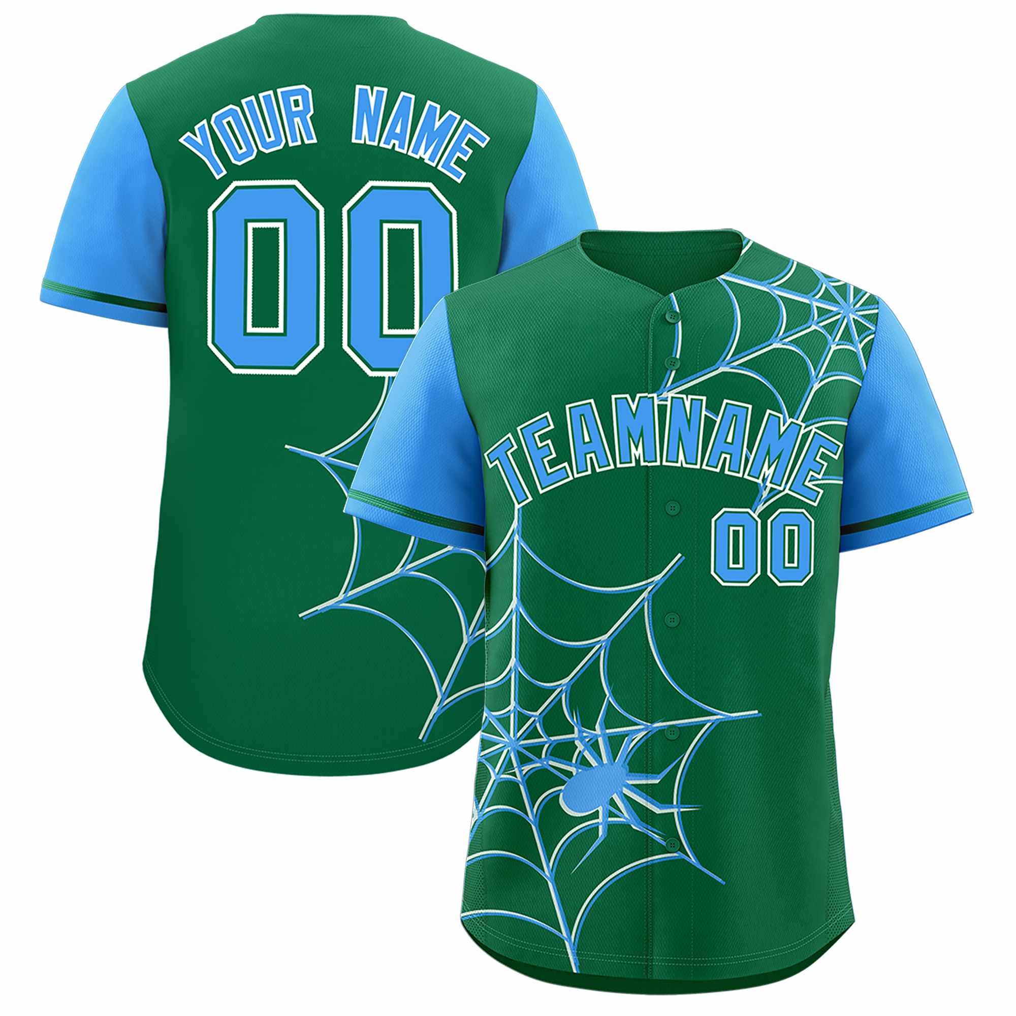 Custom Kelly Green-Powder Blue Spider Web Pattern Raglan Sleeves Authentic Baseball Jersey | KXKSHOP
