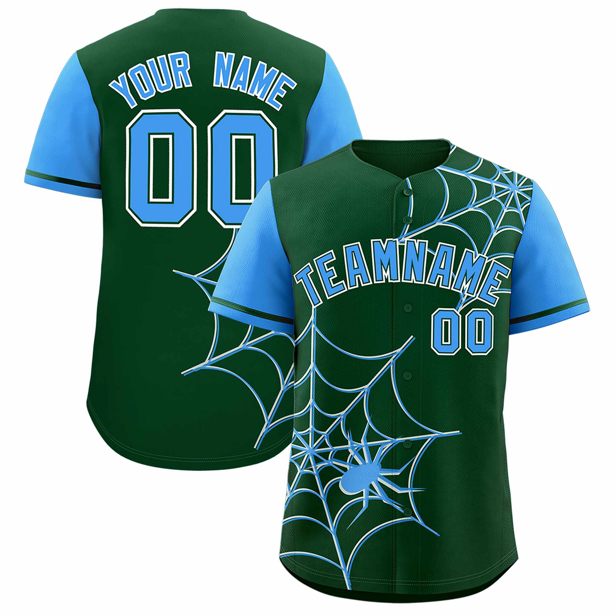 Custom Green-Powder Blue Spider Web Pattern Raglan Sleeves Authentic Baseball Jersey | KXKSHOP