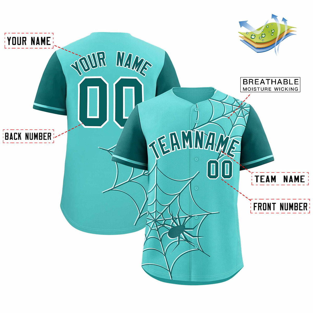 Custom Bright Green-Aqua Spider Web Pattern Raglan Sleeves Authentic Baseball Jersey | KXKSHOP