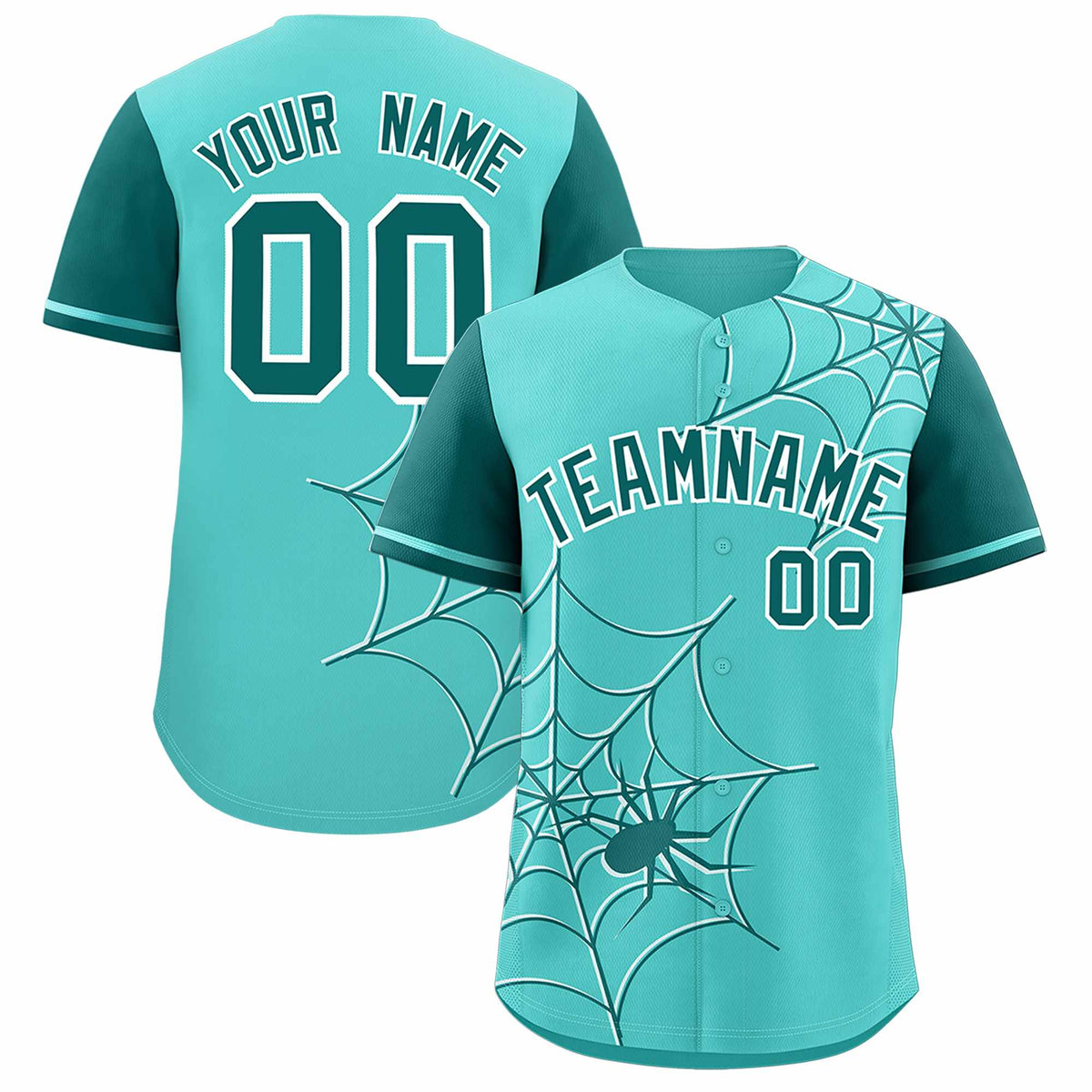 Custom Bright Green-Aqua Spider Web Pattern Raglan Sleeves Authentic Baseball Jersey | KXKSHOP