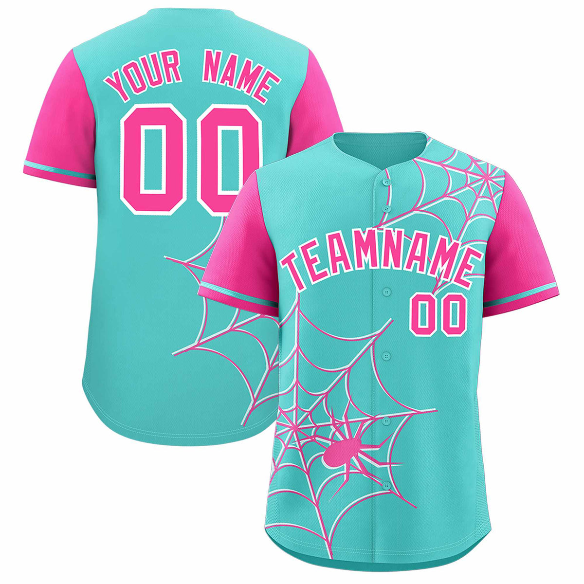 Custom Bright Green-Pink Spider Web Pattern Raglan Sleeves Authentic Baseball Jersey | KXKSHOP