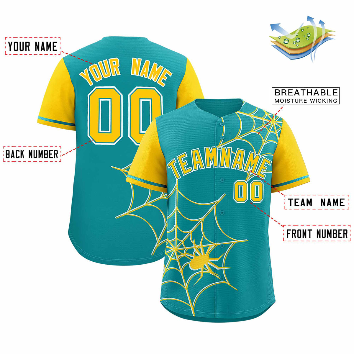 Custom Aqua-Gold Spider Web Pattern Raglan Sleeves Authentic Baseball Jersey | KXKSHOP