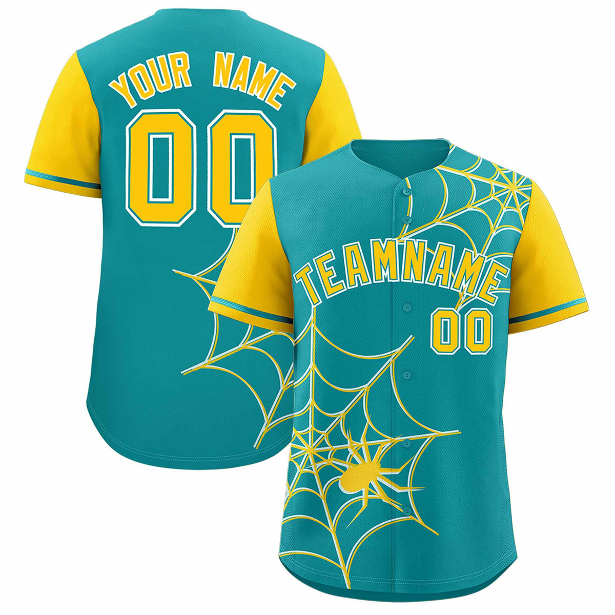 Custom Aqua-Gold Spider Web Pattern Raglan Sleeves Authentic Baseball Jersey | KXKSHOP