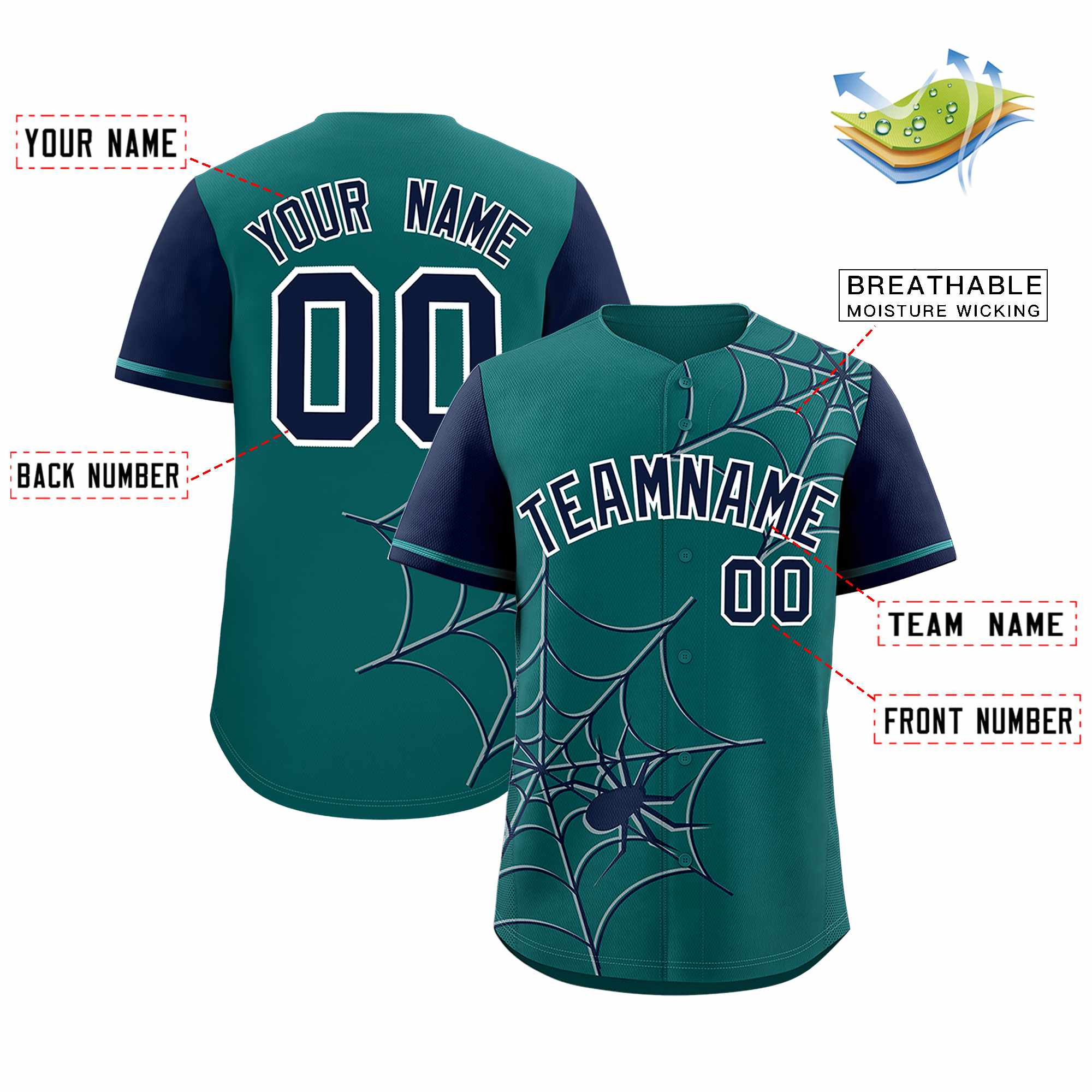 Custom Aqua-Navy Spider Web Pattern Raglan Sleeves Authentic Baseball Jersey | KXKSHOP