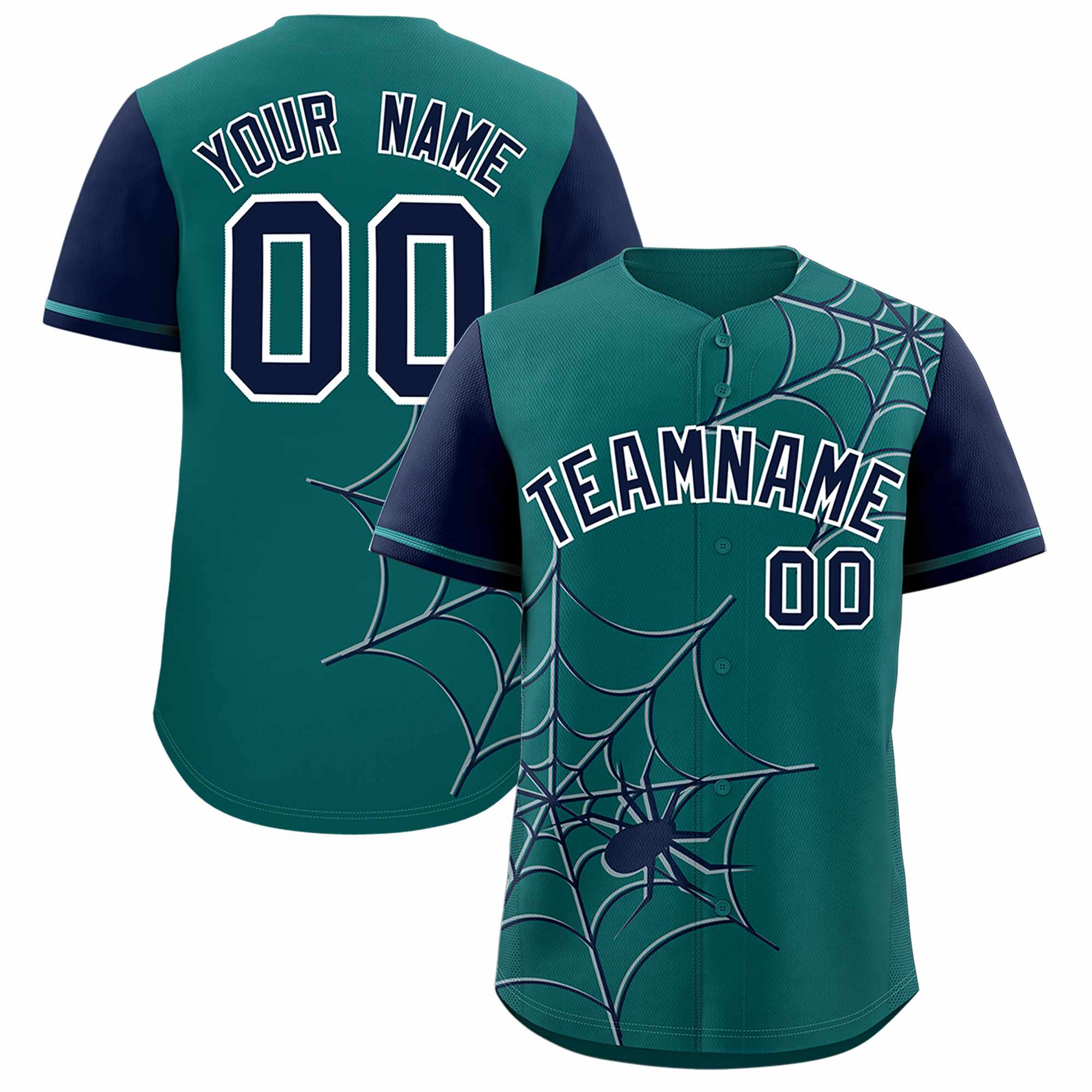 Custom Aqua-Navy Spider Web Pattern Raglan Sleeves Authentic Baseball Jersey | KXKSHOP