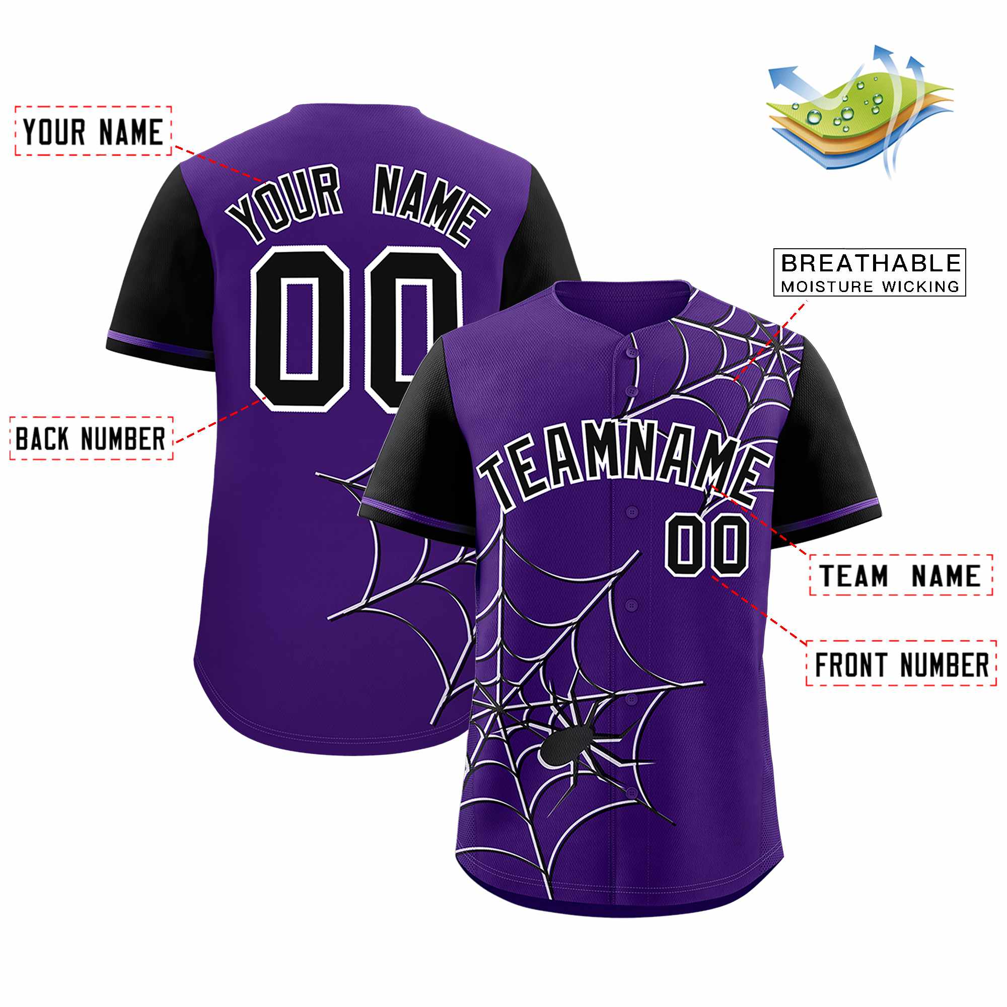 Custom Purple-Black Spider Web Pattern Raglan Sleeves Authentic Baseball Jersey | KXKSHOP