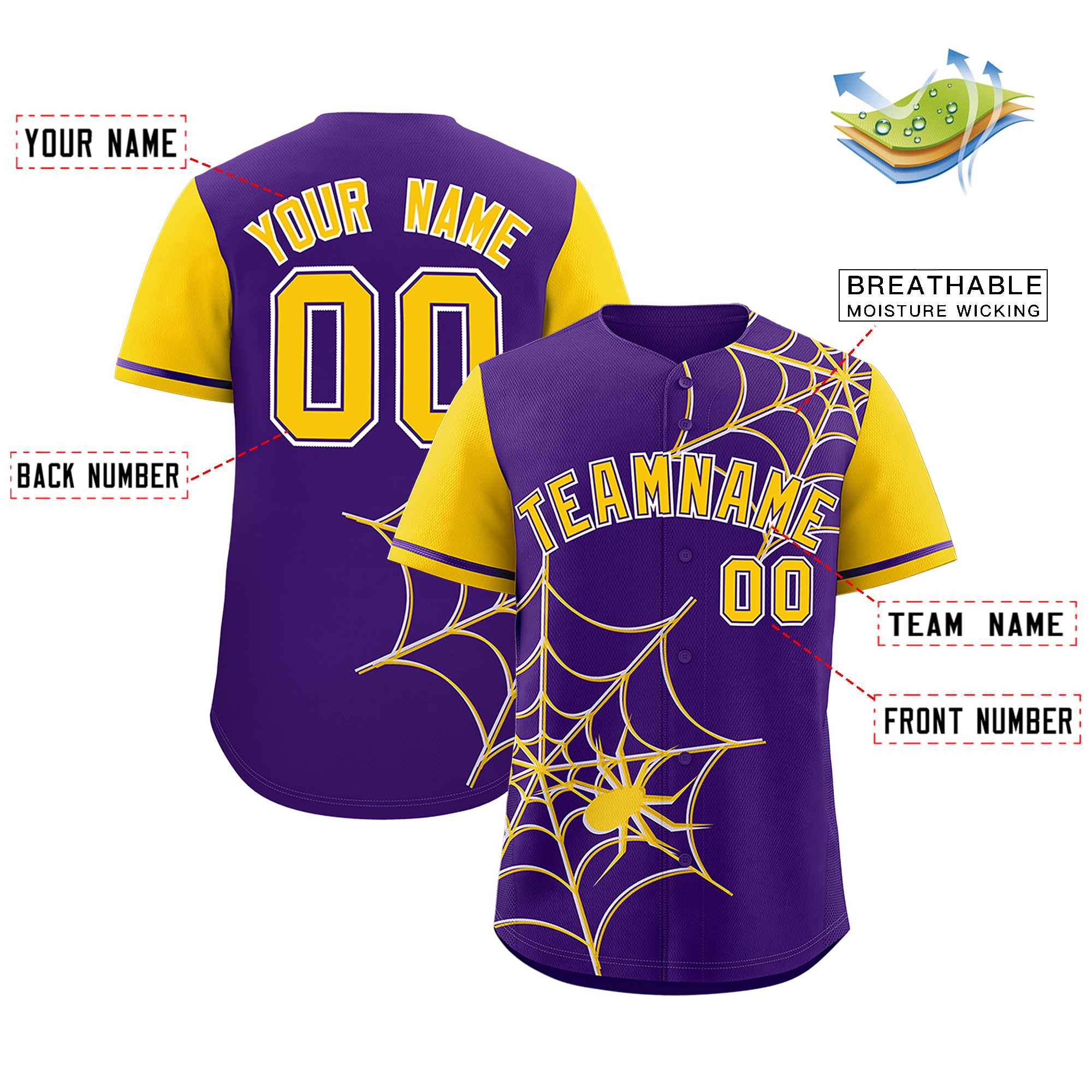 Custom Purple-Gold Spider Web Pattern Raglan Sleeves Authentic Baseball Jersey | KXKSHOP