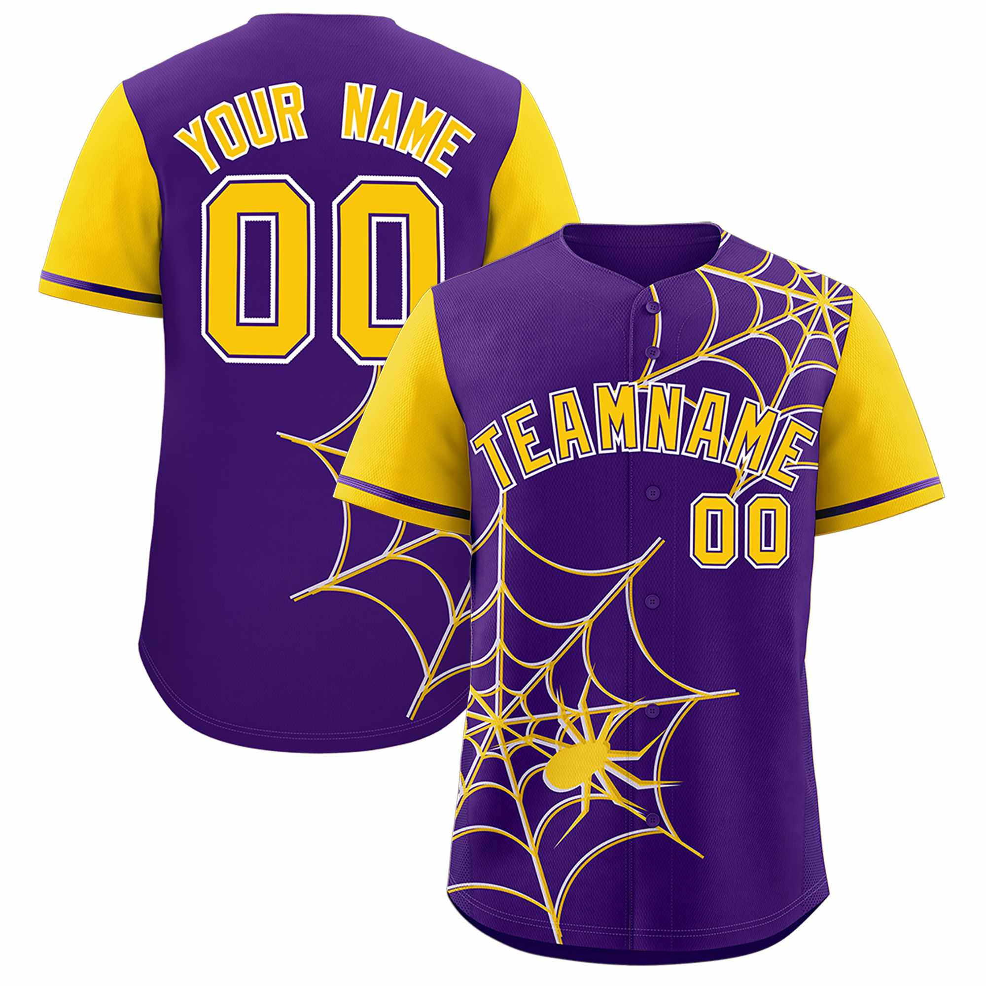 Custom Purple-Gold Spider Web Pattern Raglan Sleeves Authentic Baseball Jersey | KXKSHOP
