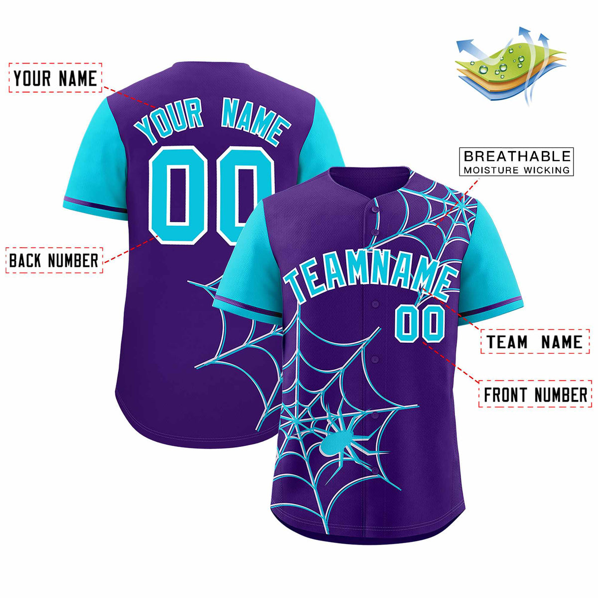 Custom Purple-Sky Blue Spider Web Pattern Raglan Sleeves Authentic Baseball Jersey | KXKSHOP