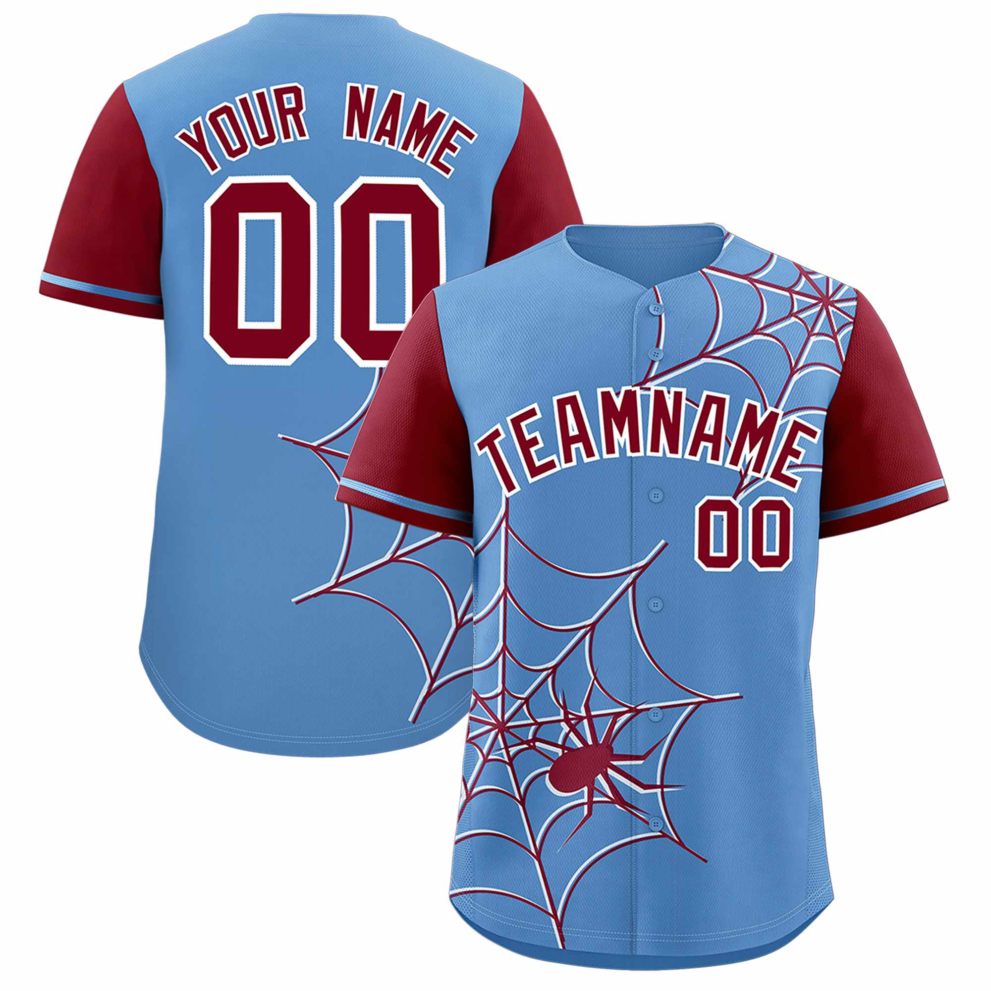 Custom Light Blue-Crimson Spider Web Pattern Raglan Sleeves Authentic Baseball Jersey | KXKSHOP