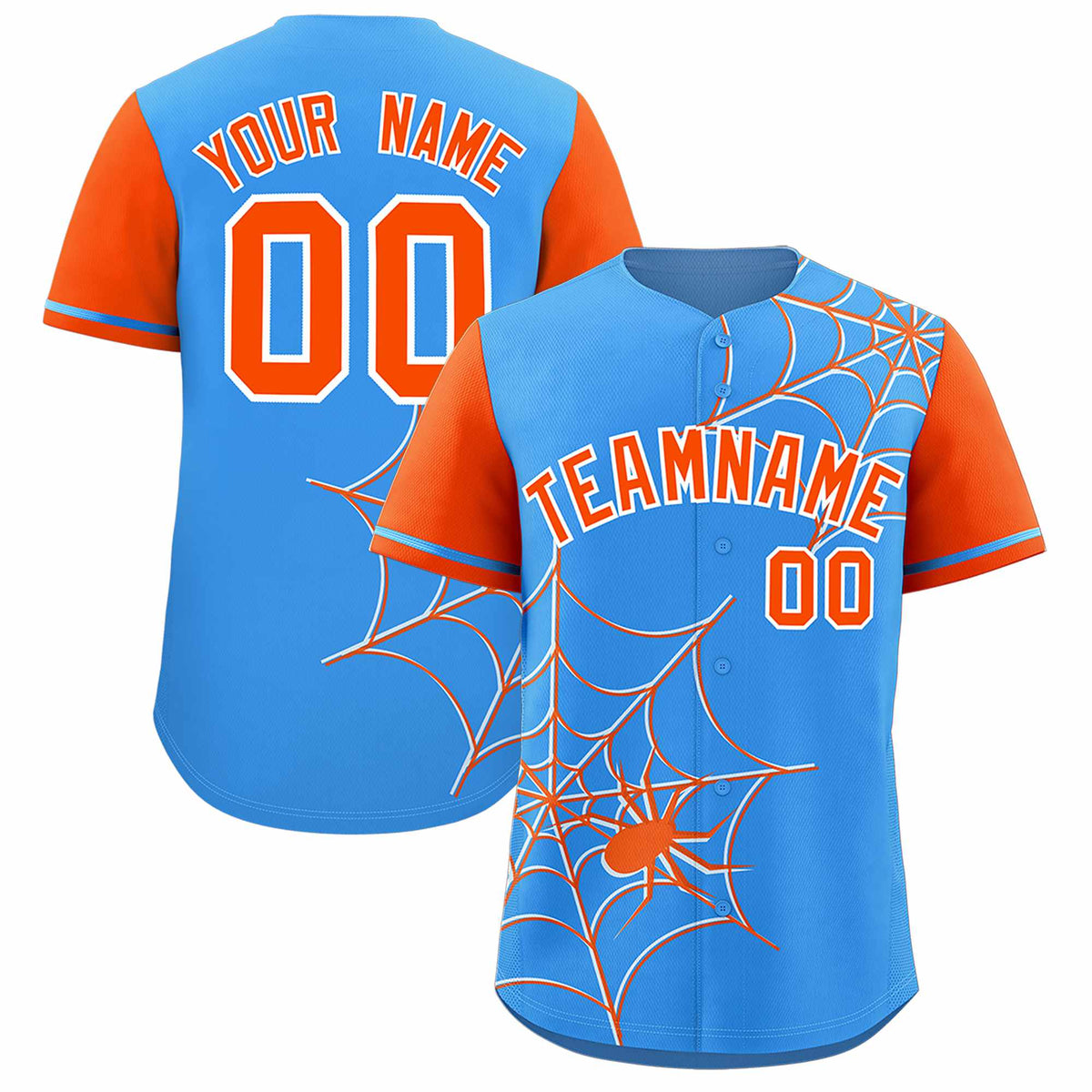 Custom Powder Blue-Orange Spider Web Pattern Raglan Sleeves Authentic Baseball Jersey | KXKSHOP
