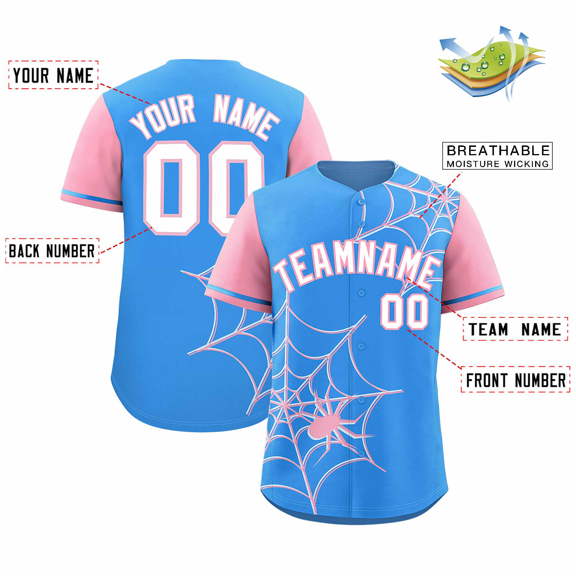 Custom Powder Blue-Light Pink Spider Web Pattern Raglan Sleeves Authentic Baseball Jersey | KXKSHOP