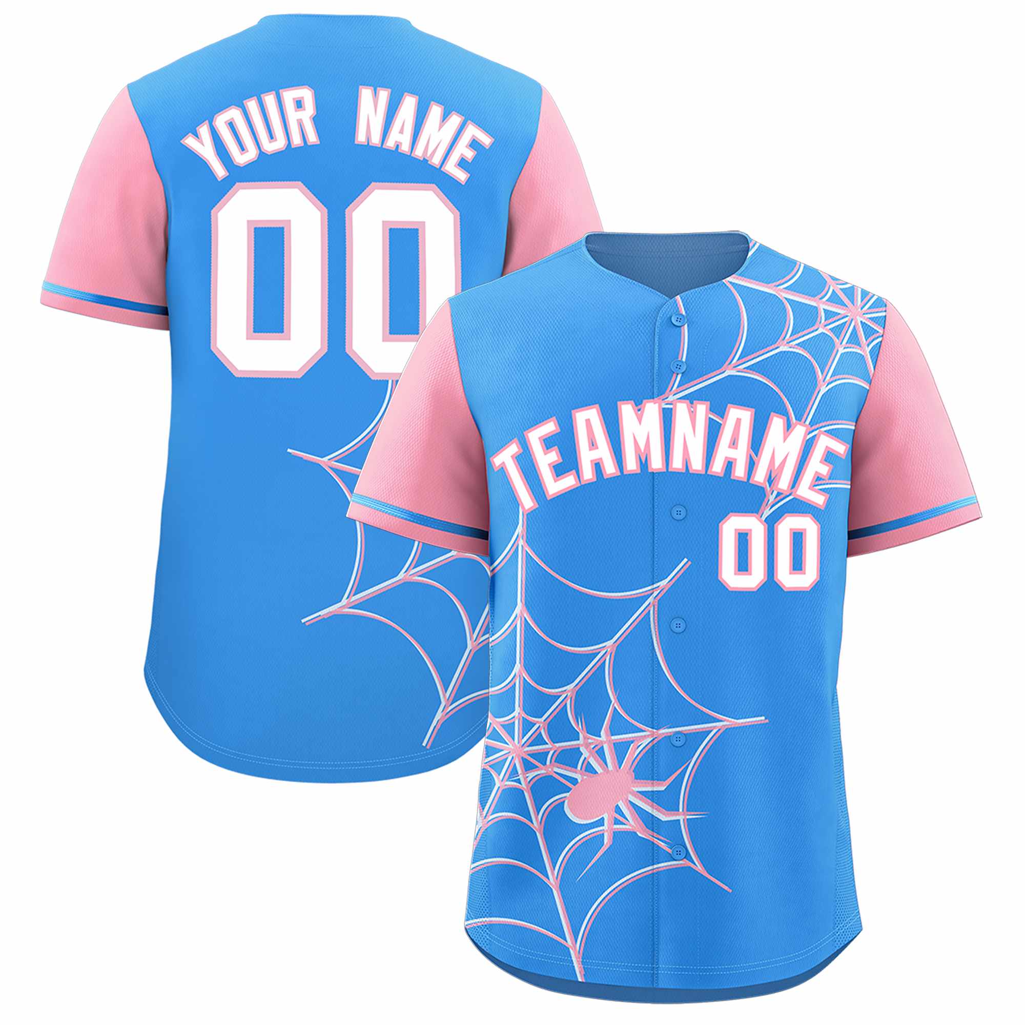 Custom Powder Blue-Light Pink Spider Web Pattern Raglan Sleeves Authentic Baseball Jersey | KXKSHOP