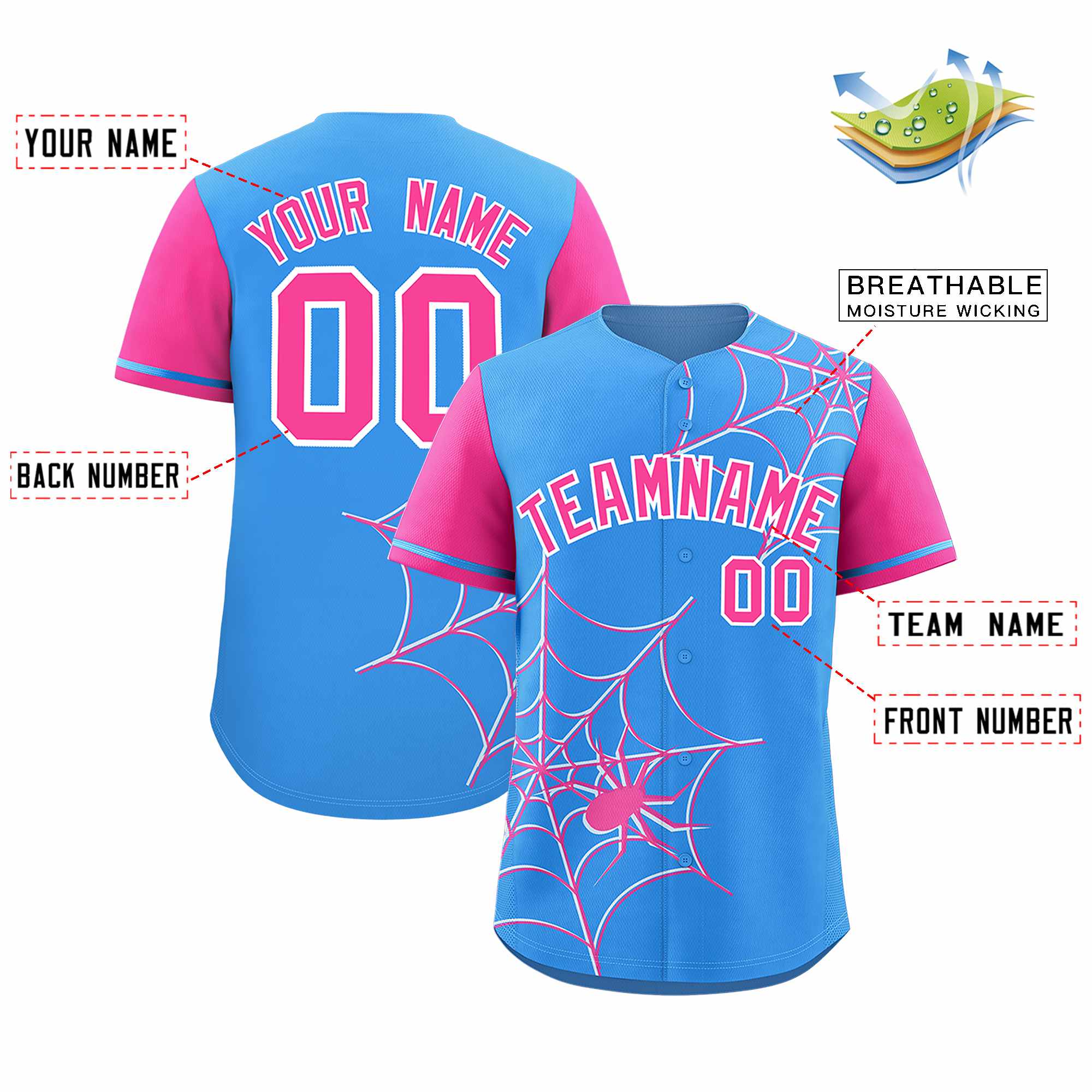 Custom Powder Blue-Pink Spider Web Pattern Raglan Sleeves Authentic Baseball Jersey | KXKSHOP