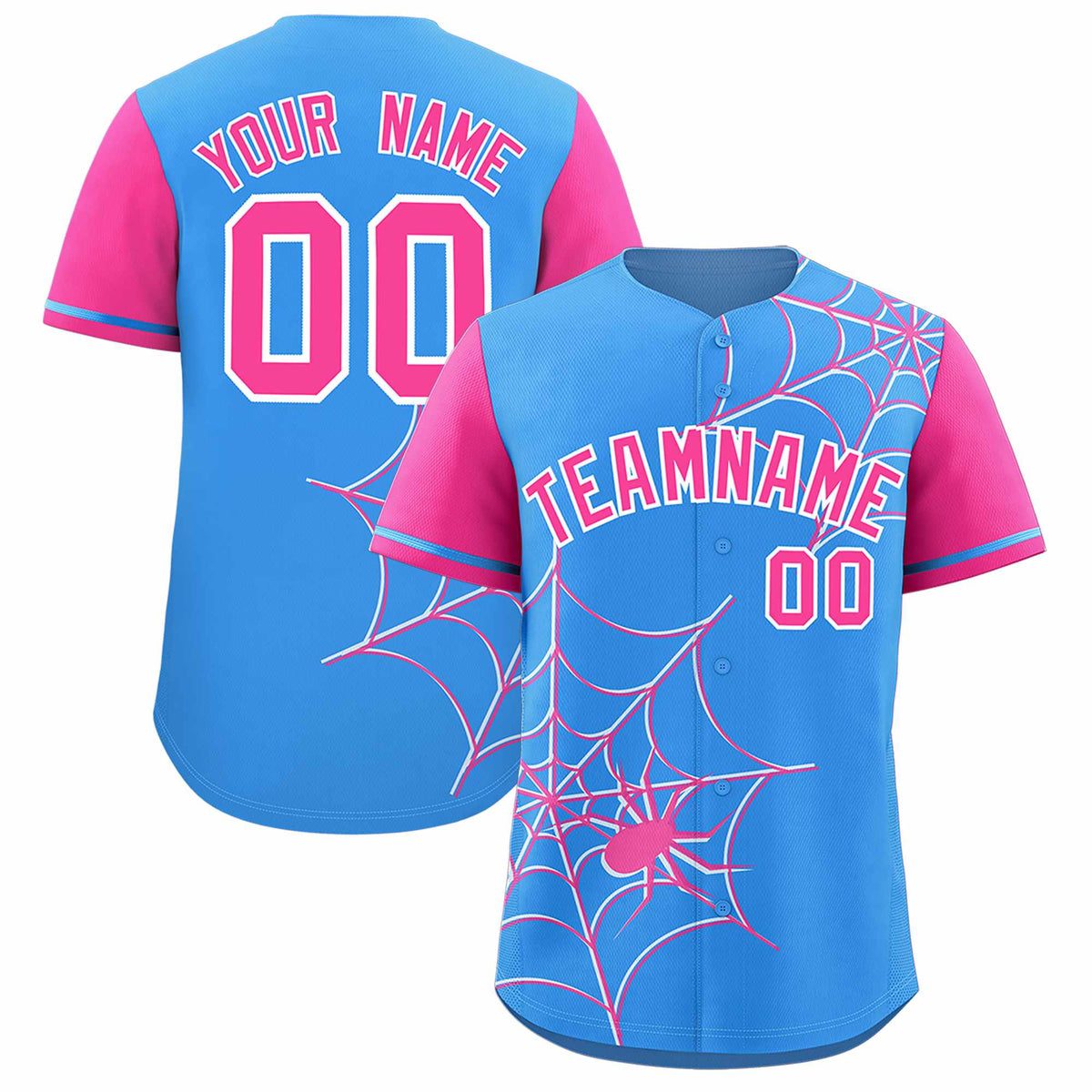 Custom Powder Blue-Pink Spider Web Pattern Raglan Sleeves Authentic Baseball Jersey | KXKSHOP