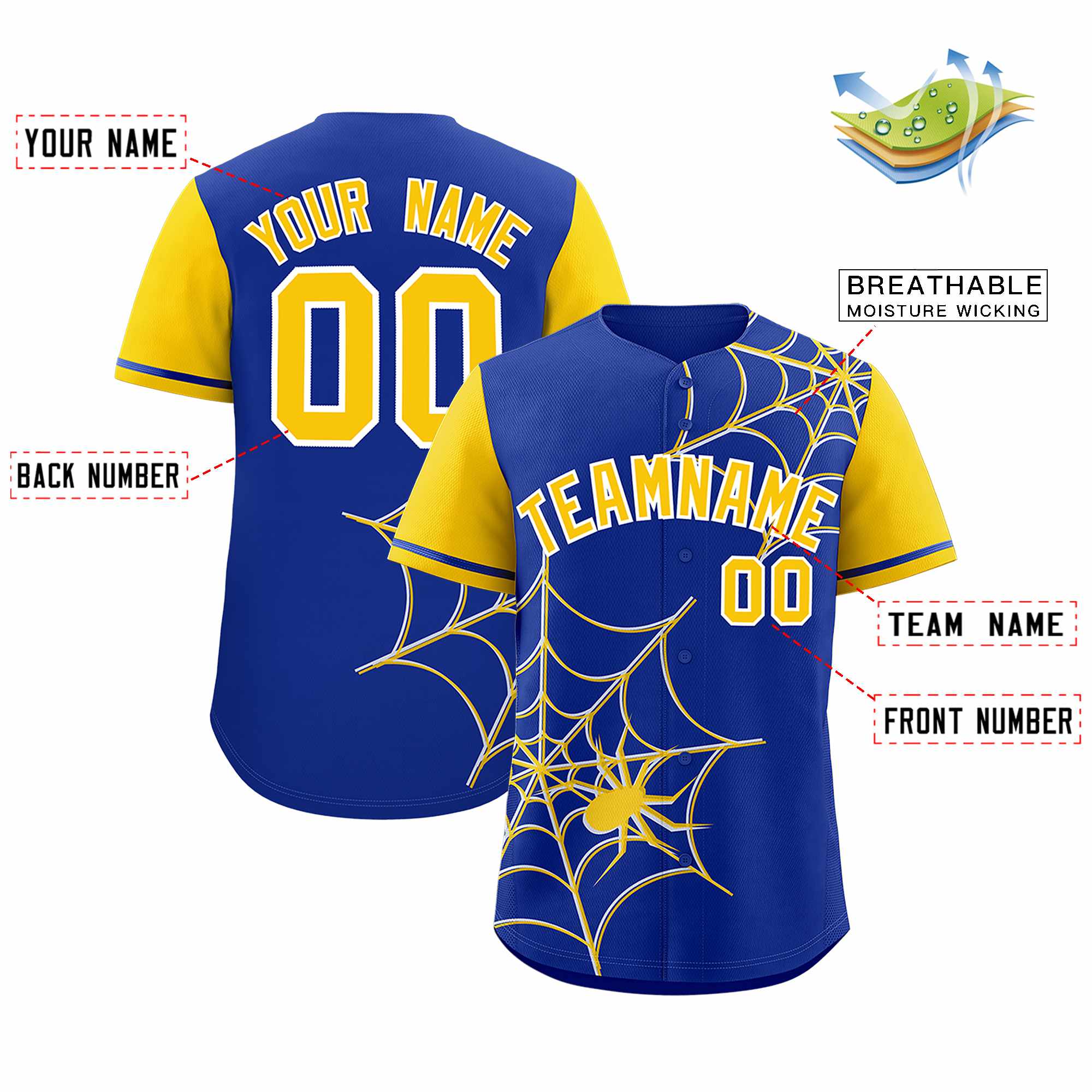 Custom Royal-Gold Spider Web Pattern Raglan Sleeves Authentic Baseball Jersey | KXKSHOP