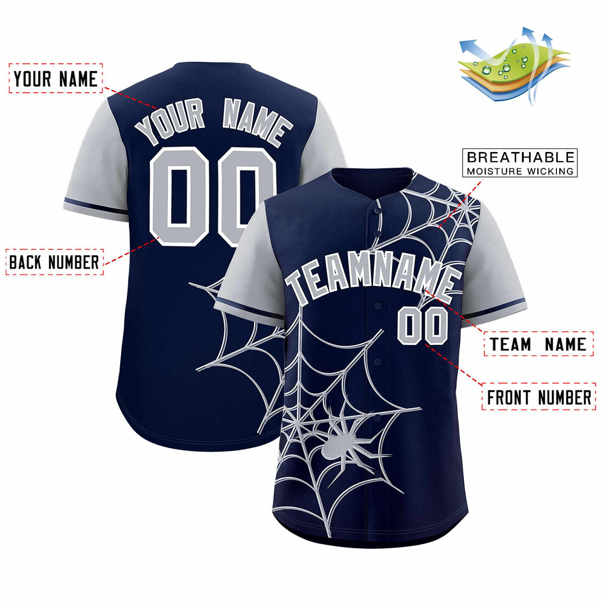 Custom Navy-Gray Spider Web Pattern Raglan Sleeves Authentic Baseball Jersey | KXKSHOP