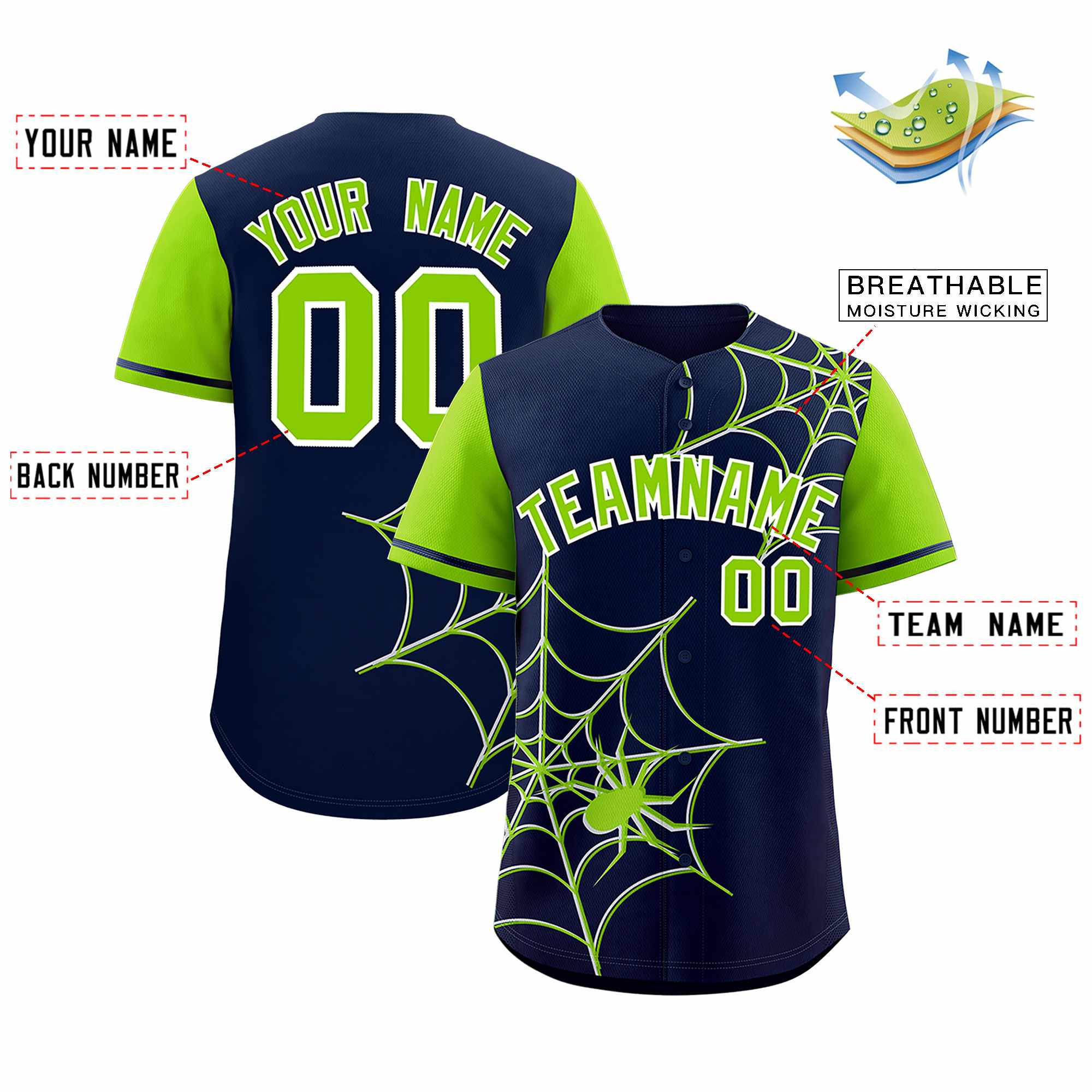 Custom Navy-Neon Green Spider Web Pattern Raglan Sleeves Authentic Baseball Jersey | KXKSHOP