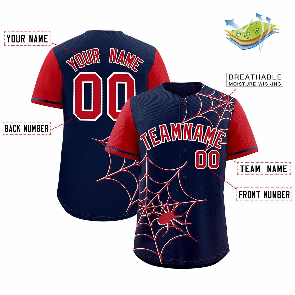 Custom Navy Red Spider Web Pattern Raglan Sleeves Authentic Baseball Jersey | KXKSHOP