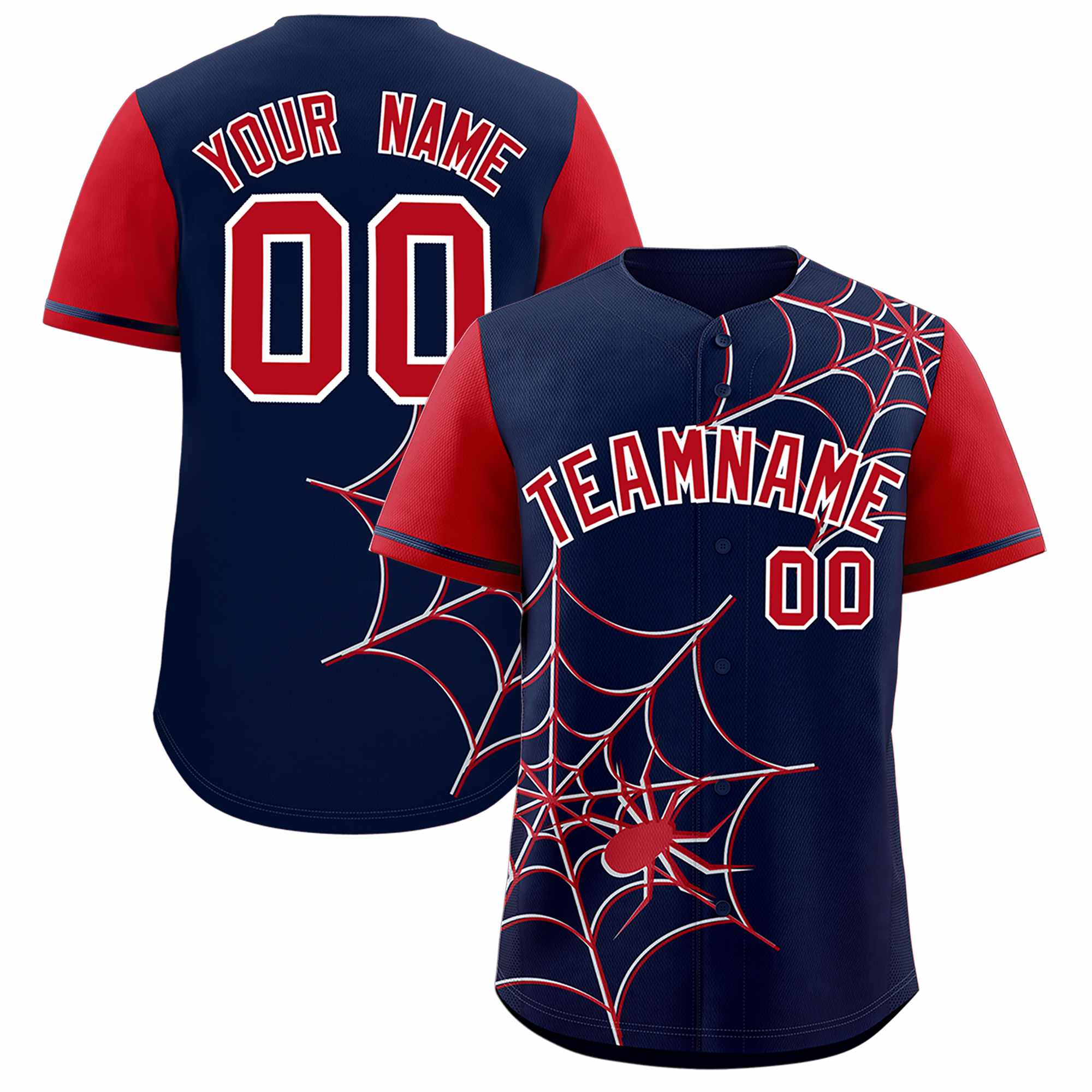 Custom Navy Red Spider Web Pattern Raglan Sleeves Authentic Baseball Jersey | KXKSHOP
