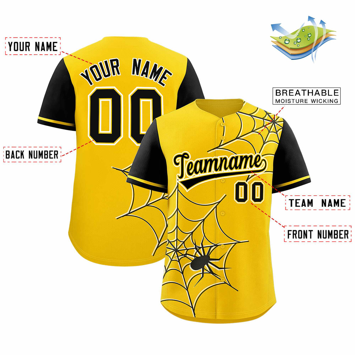 Custom Gold-Black Spider Web Pattern Raglan Sleeves Authentic Baseball Jersey | KXKSHOP
