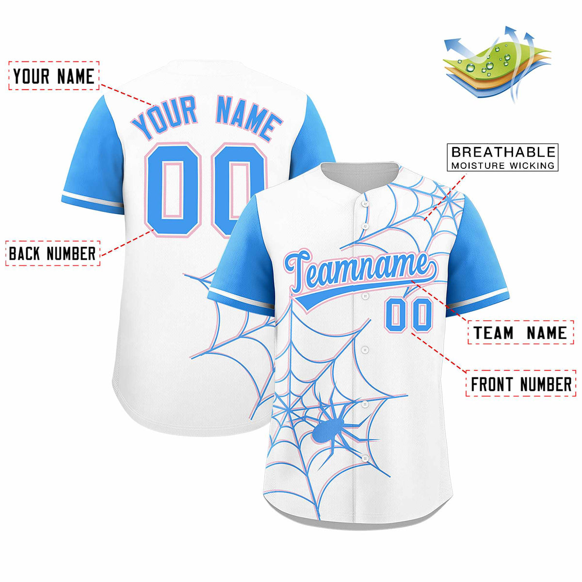 Custom White-Powder Blue Spider Web Pattern Raglan Sleeves Authentic Baseball Jersey | KXKSHOP