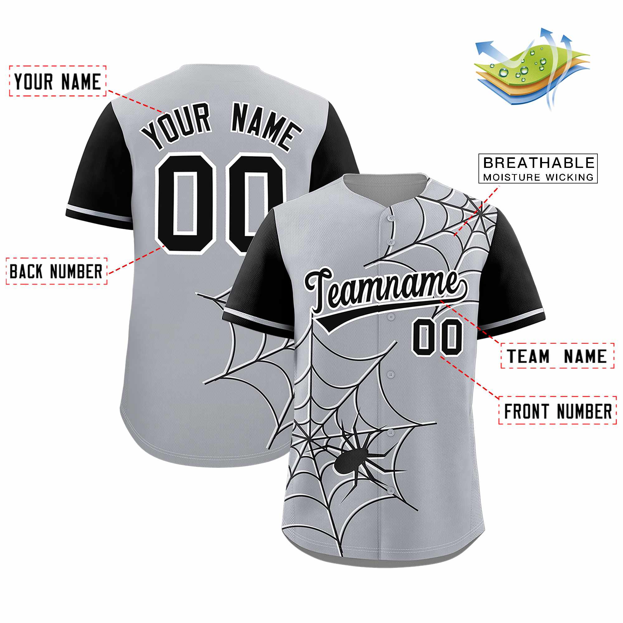 Custom Gray-Black Spider Web Pattern Raglan Sleeves Authentic Baseball Jersey | KXKSHOP