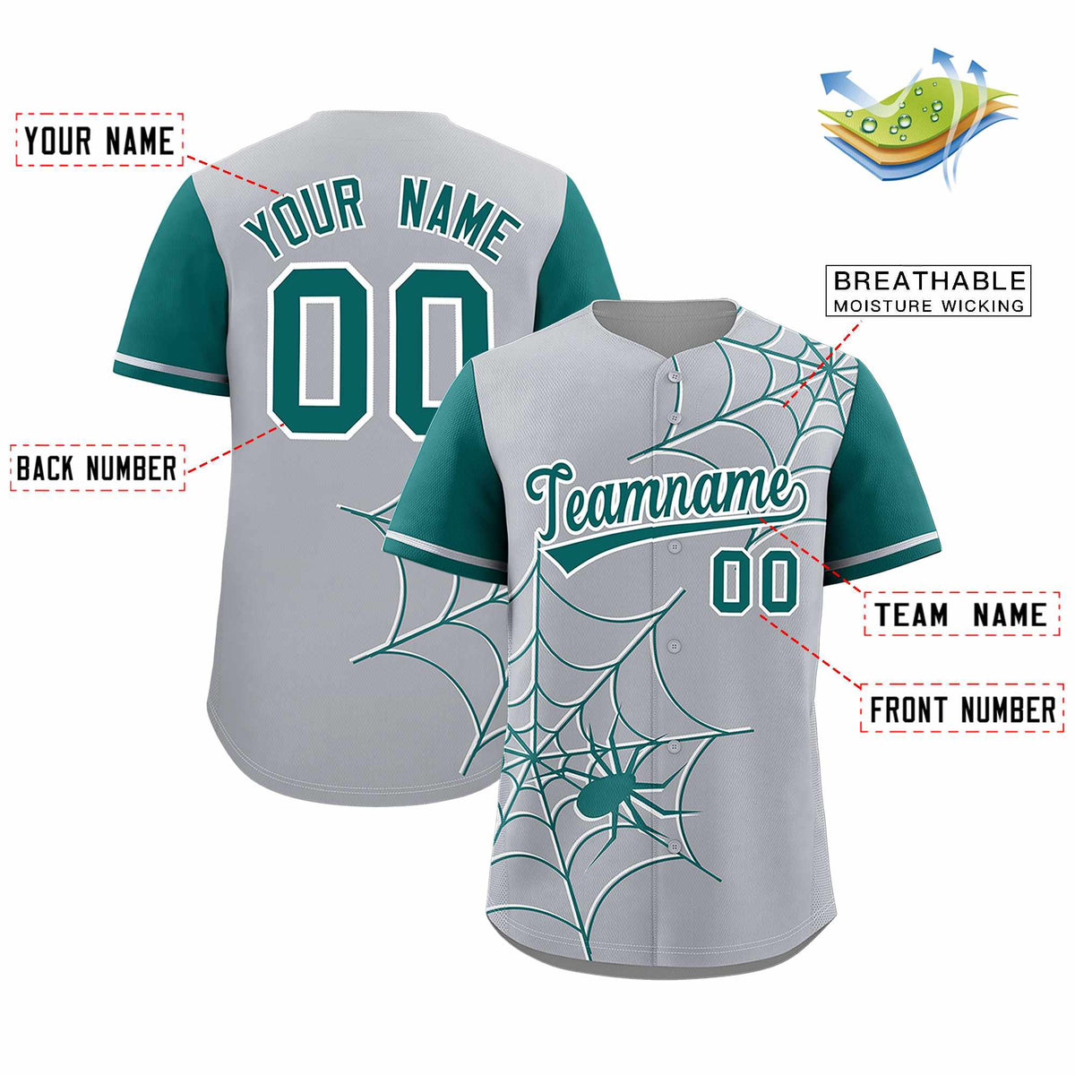 Custom Gray-Aqua Spider Web Pattern Raglan Sleeves Authentic Baseball Jersey | KXKSHOP