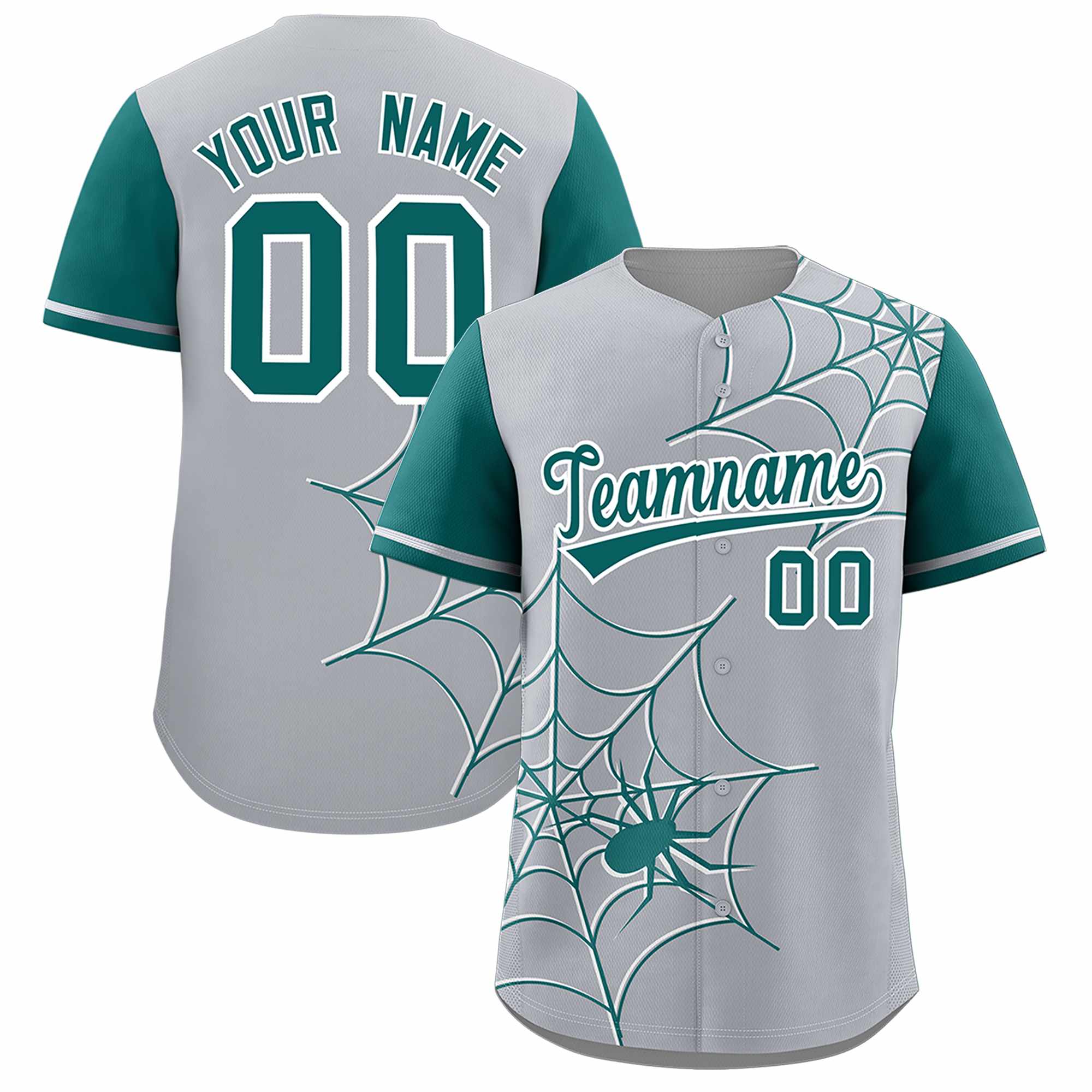 Custom Gray-Aqua Spider Web Pattern Raglan Sleeves Authentic Baseball Jersey | KXKSHOP