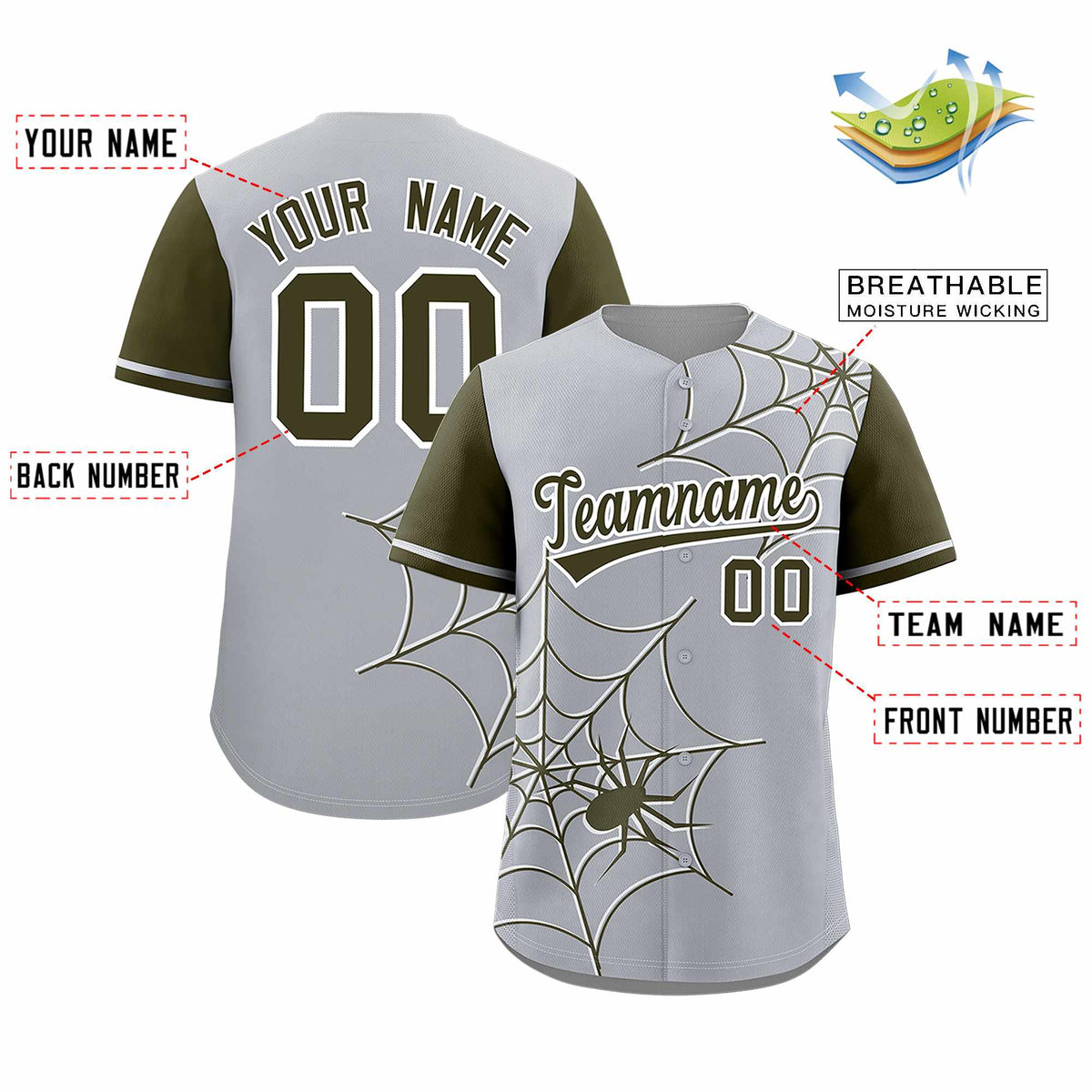Custom Gray-Olive Spider Web Pattern Raglan Sleeves Authentic Baseball Jersey | KXKSHOP
