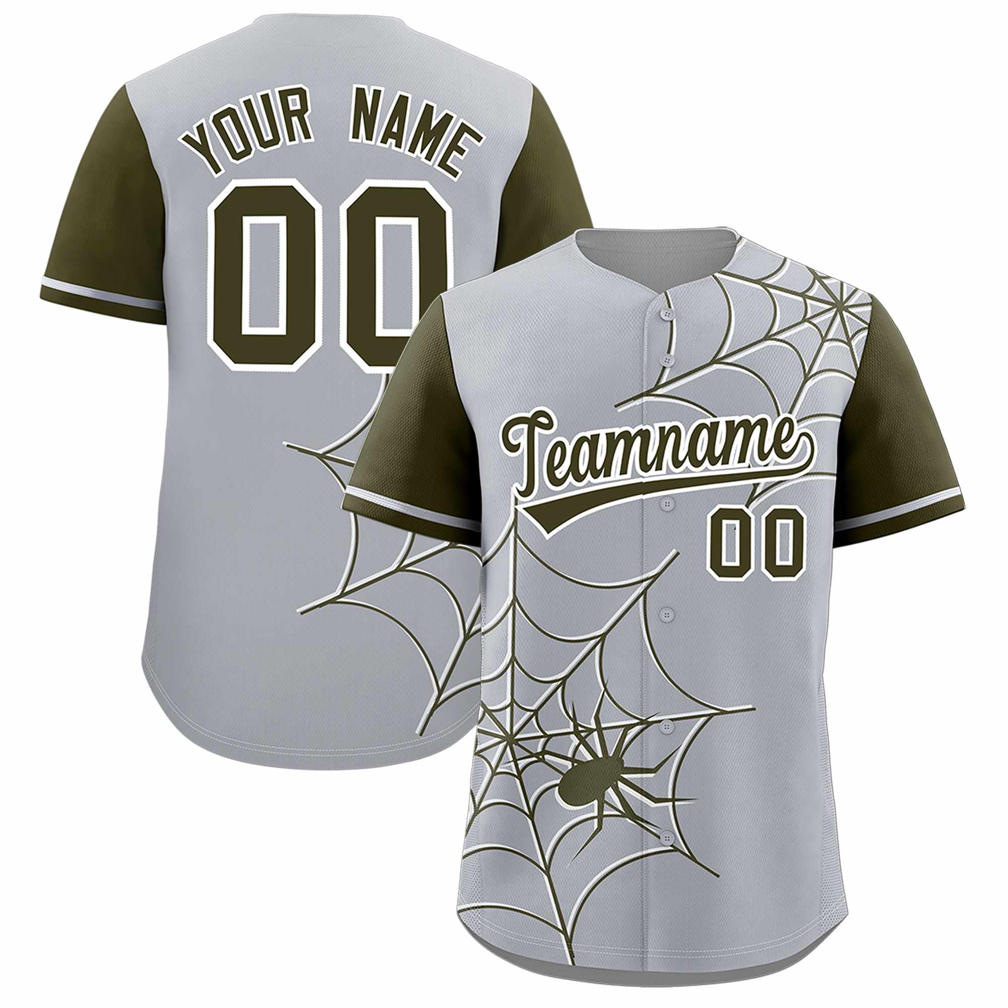 Custom Gray-Olive Spider Web Pattern Raglan Sleeves Authentic Baseball Jersey | KXKSHOP