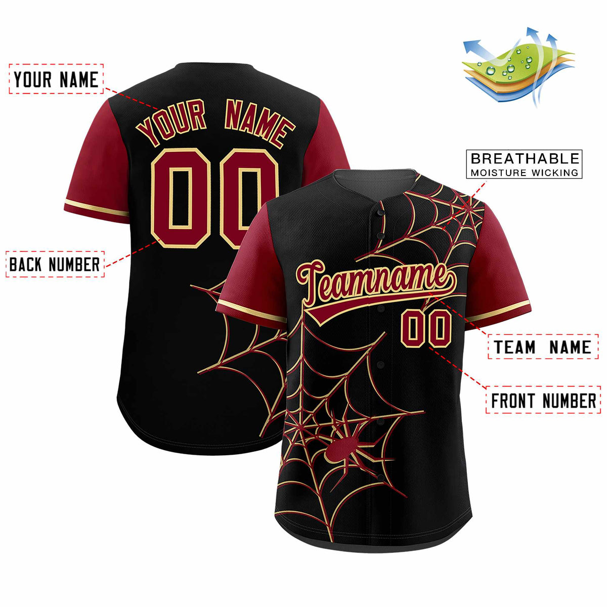 Custom Black-Crimson Spider Web Pattern Raglan Sleeves Authentic Baseball Jersey | KXKSHOP