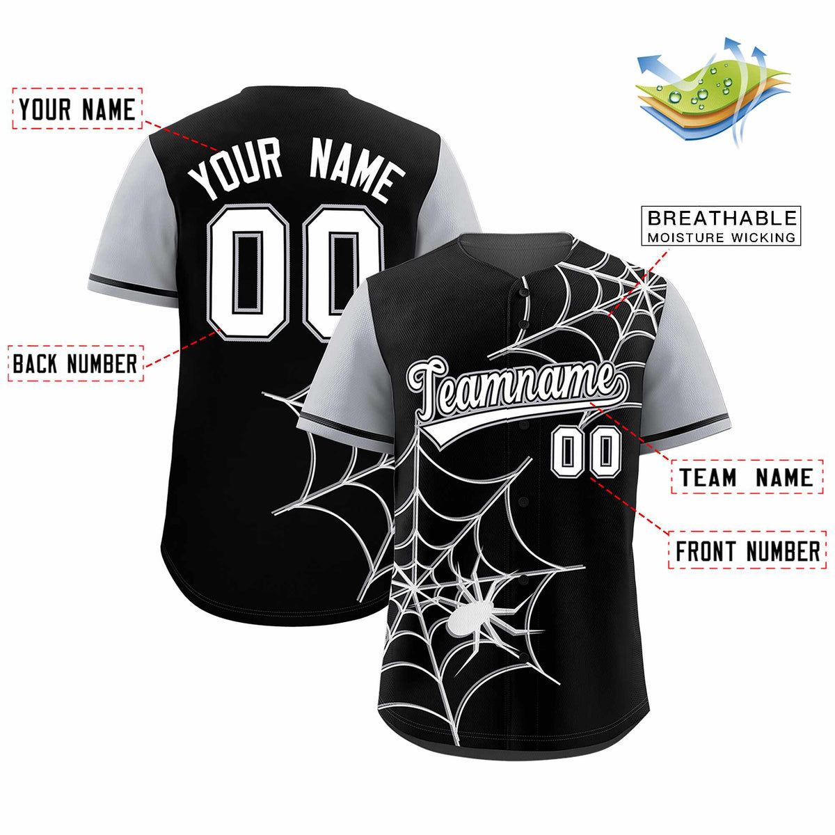 Custom Black-Gray Spider Web Pattern Raglan Sleeves Authentic Baseball Jersey | KXKSHOP