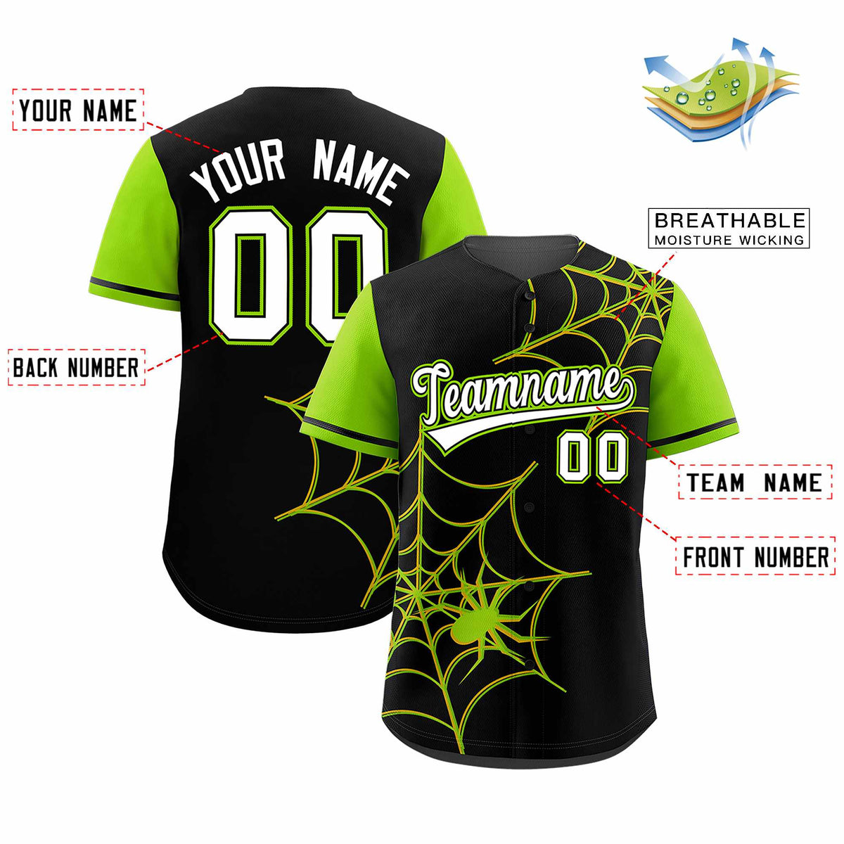 Custom Black-Neon Green Spider Web Pattern Raglan Sleeves Authentic Baseball Jersey | KXKSHOP