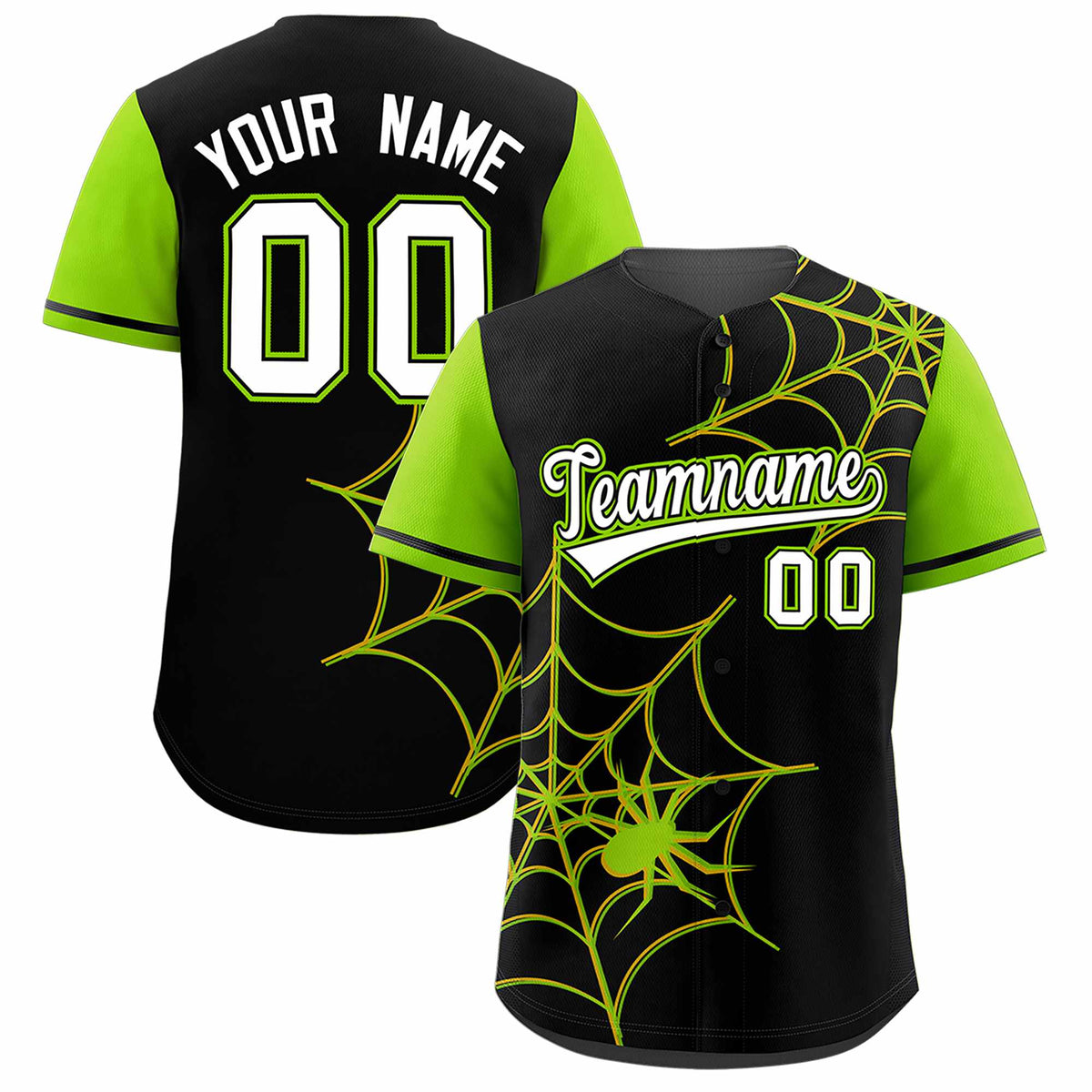 Custom Black-Neon Green Spider Web Pattern Raglan Sleeves Authentic Baseball Jersey | KXKSHOP