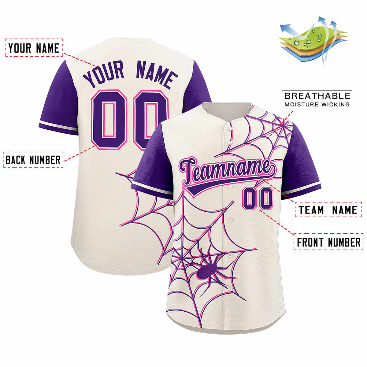 Custom Cream-Purple Spider Web Pattern Raglan Sleeves Authentic Baseball Jersey | KXKSHOP