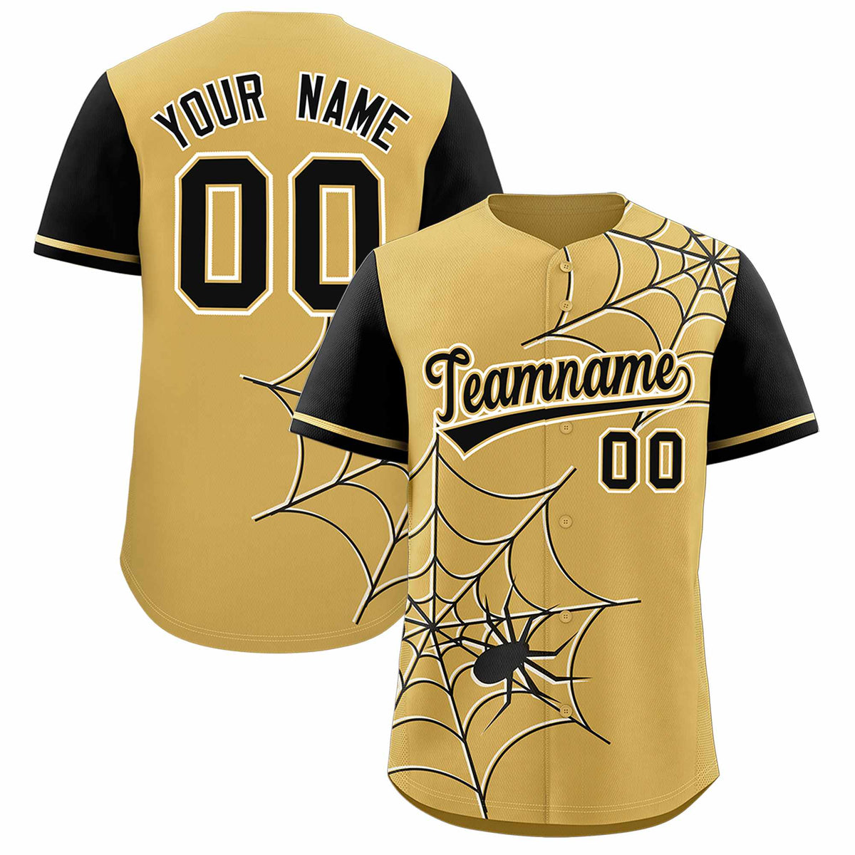 Custom Old Gold-Black Spider Web Pattern Raglan Sleeves Authentic Baseball Jersey | KXKSHOP