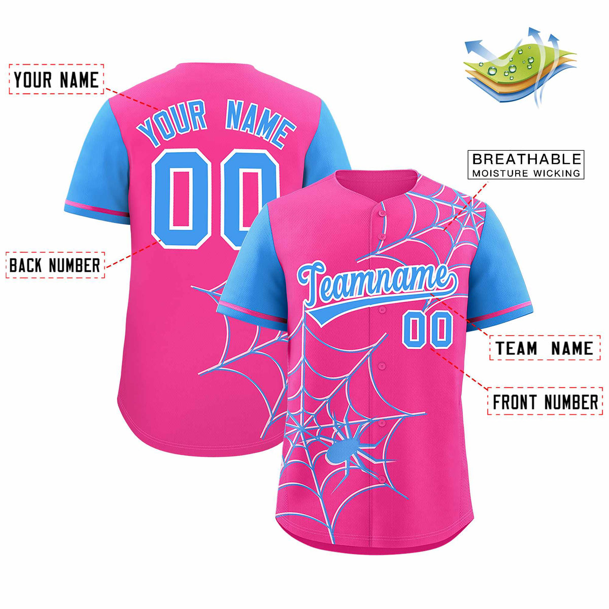 Custom Pink-Powder Blue Spider Web Pattern Raglan Sleeves Authentic Baseball Jersey | KXKSHOP