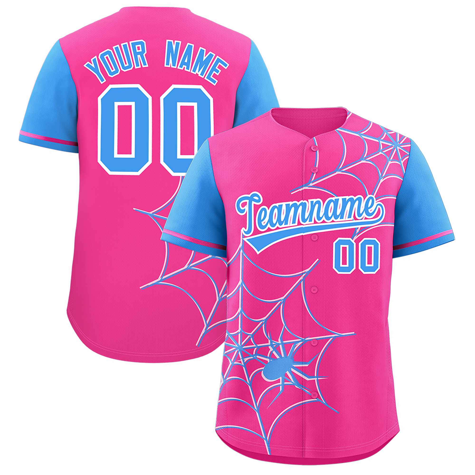 Custom Pink-Powder Blue Spider Web Pattern Raglan Sleeves Authentic Baseball Jersey | KXKSHOP