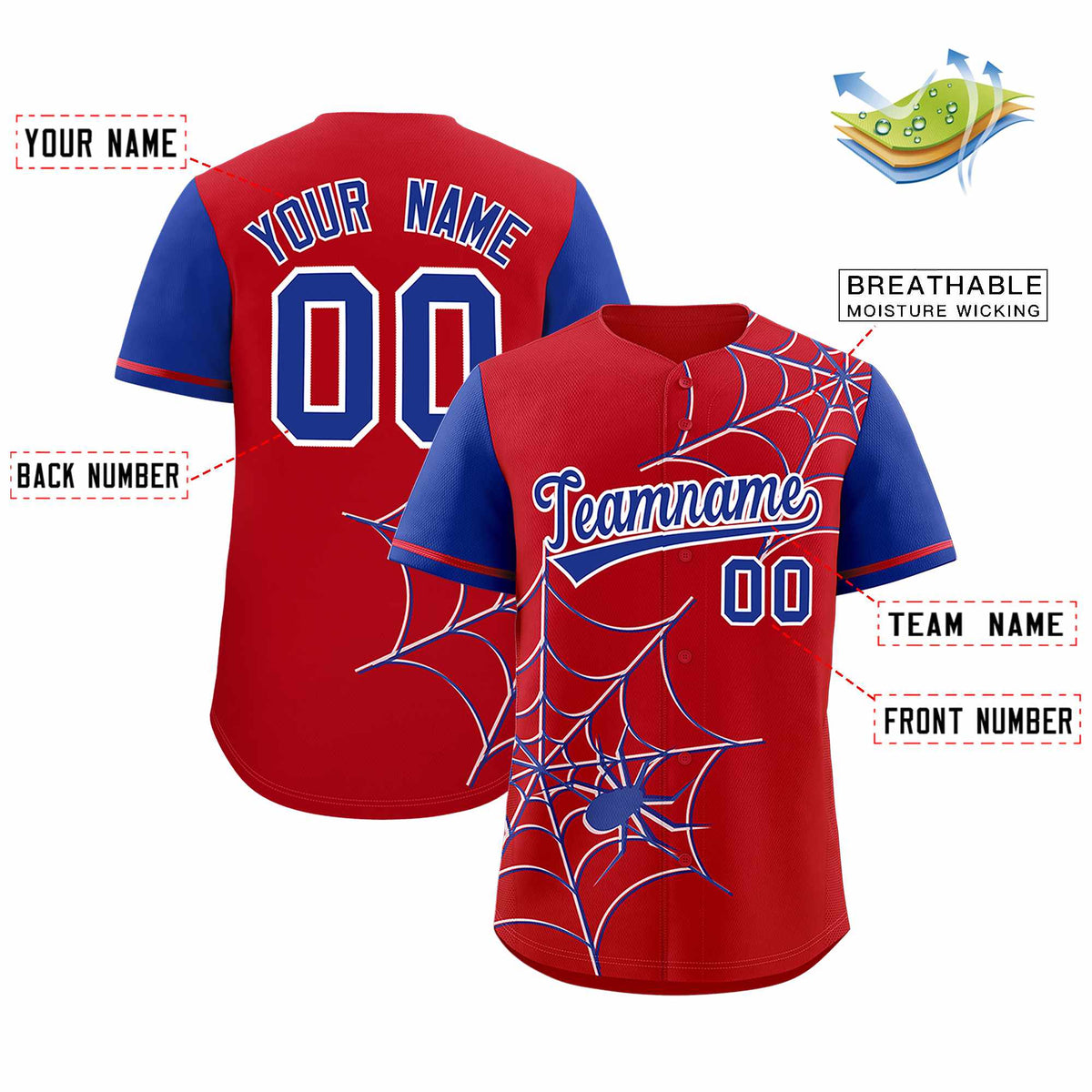 Custom Red-Royal Spider Web Pattern Raglan Sleeves Authentic Baseball Jersey | KXKSHOP