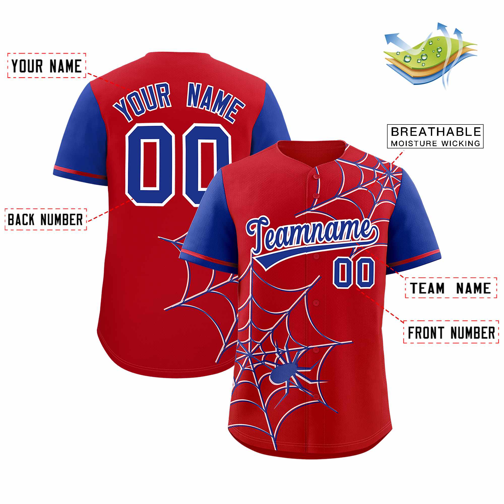Custom Red-Royal Spider Web Pattern Raglan Sleeves Authentic Baseball Jersey | KXKSHOP