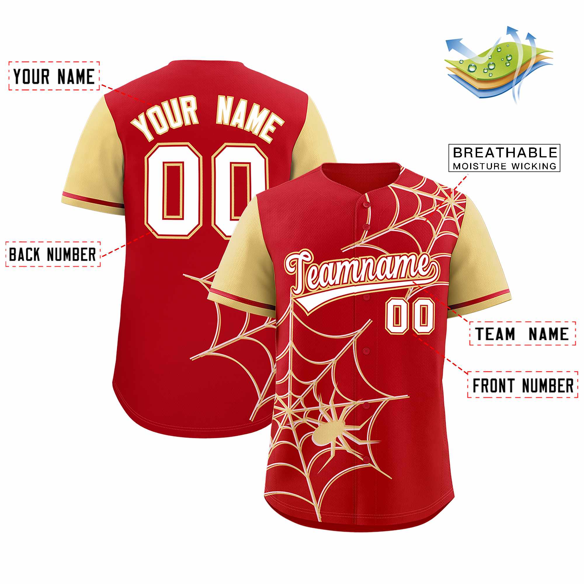 Custom Red-Khaki Spider Web Pattern Raglan Sleeves Authentic Baseball Jersey | KXKSHOP