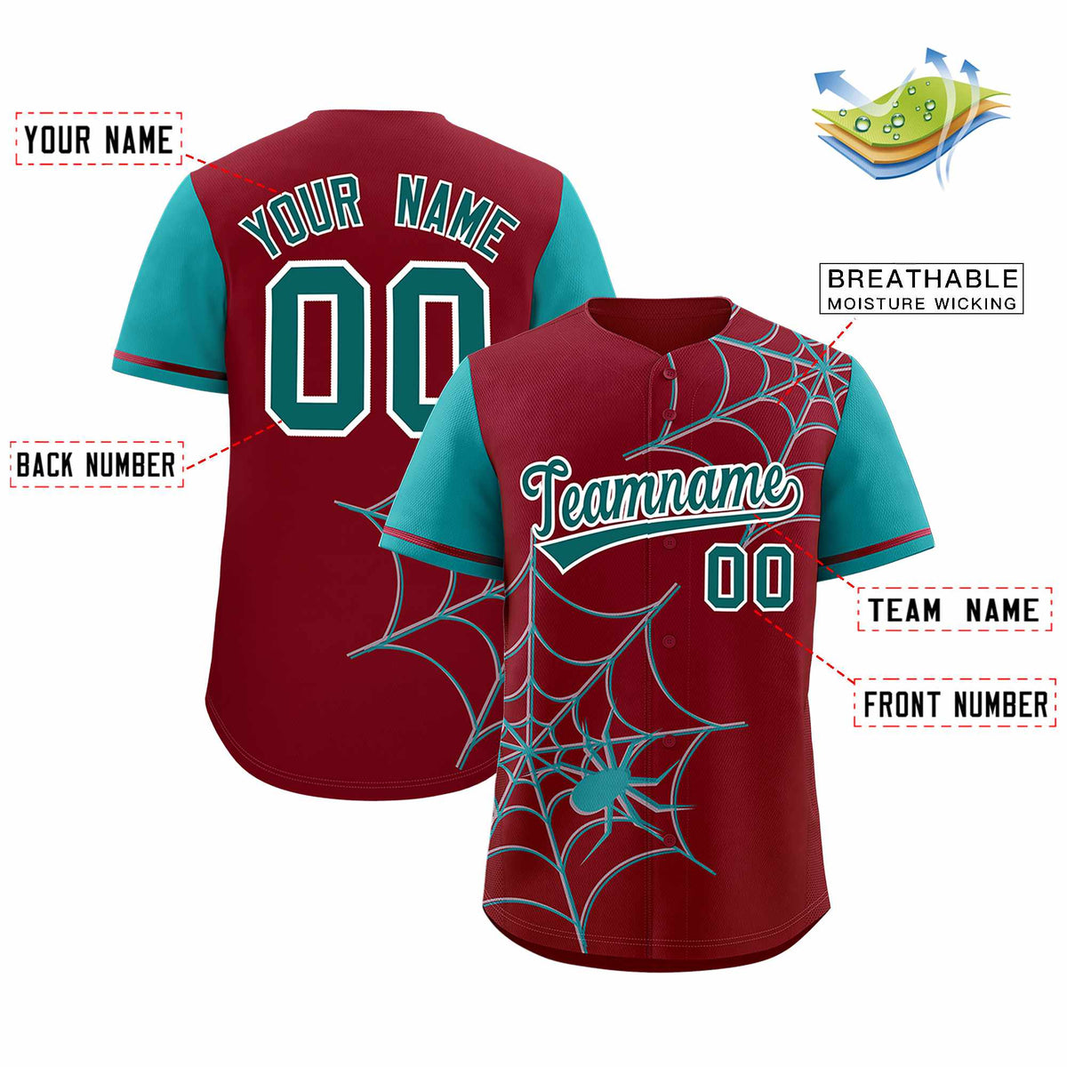 Custom Crimson-Aqua Spider Web Pattern Raglan Sleeves Authentic Baseball Jersey | KXKSHOP