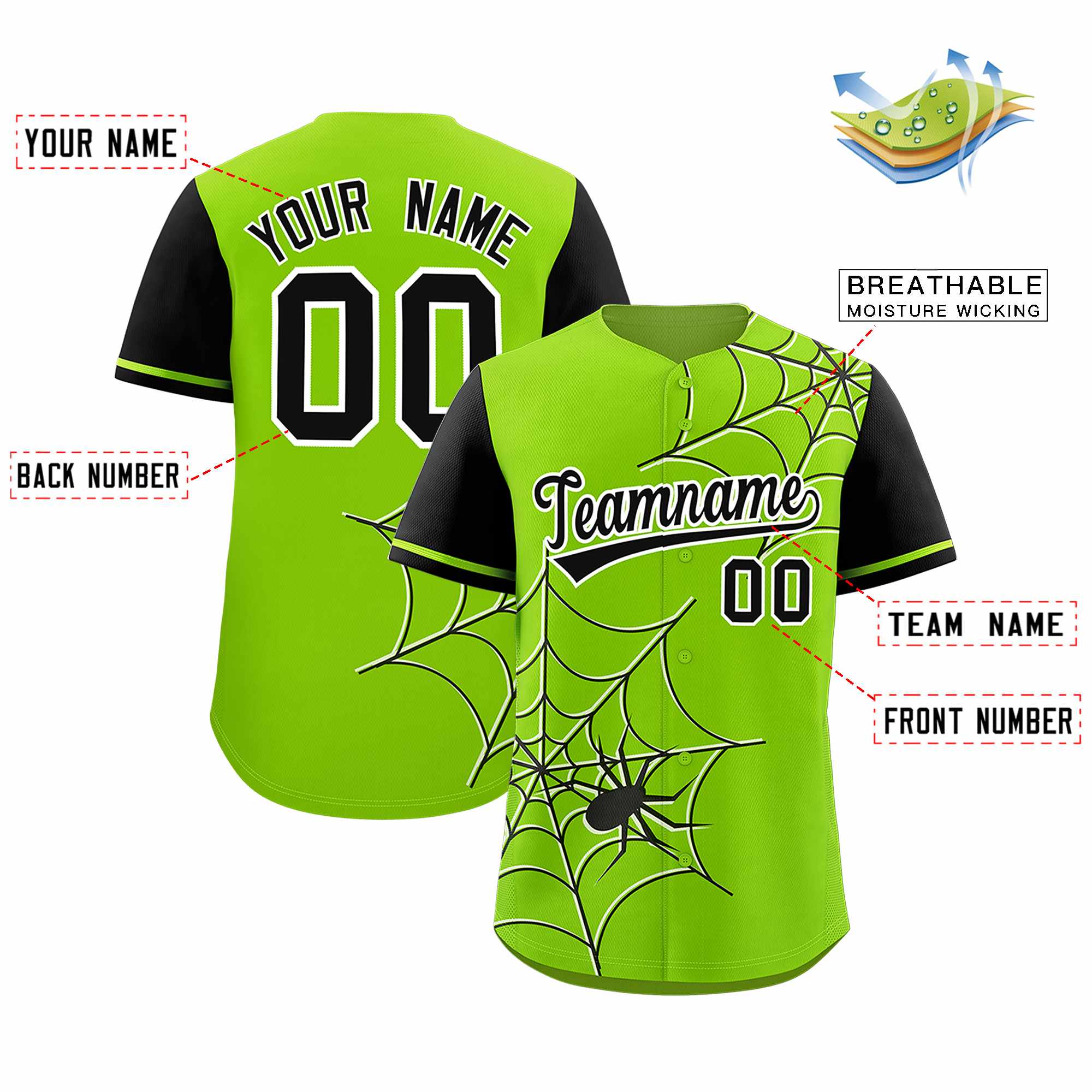 Custom Neon Green-Black Spider Web Pattern Raglan Sleeves Authentic Baseball Jersey | KXKSHOP