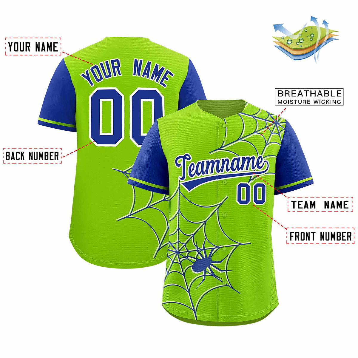 Custom Neon Green-Royal Spider Web Pattern Raglan Sleeves Authentic Baseball Jersey | KXKSHOP
