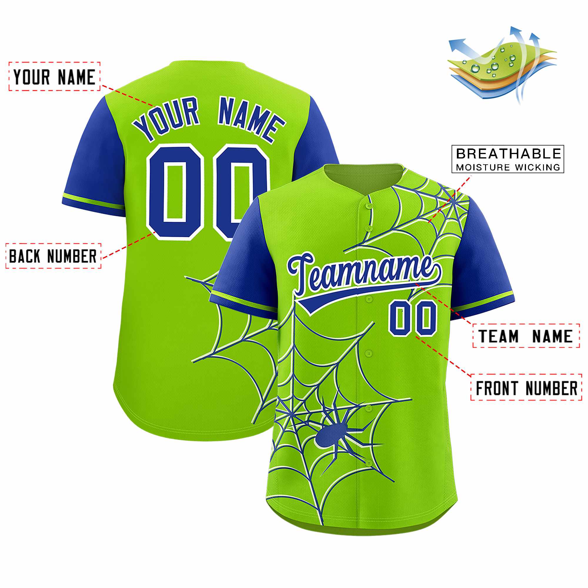 Custom Neon Green-Royal Spider Web Pattern Raglan Sleeves Authentic Baseball Jersey | KXKSHOP