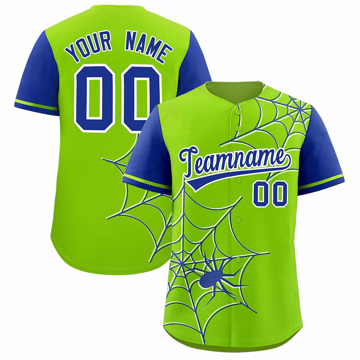 Custom Neon Green-Royal Spider Web Pattern Raglan Sleeves Authentic Baseball Jersey | KXKSHOP