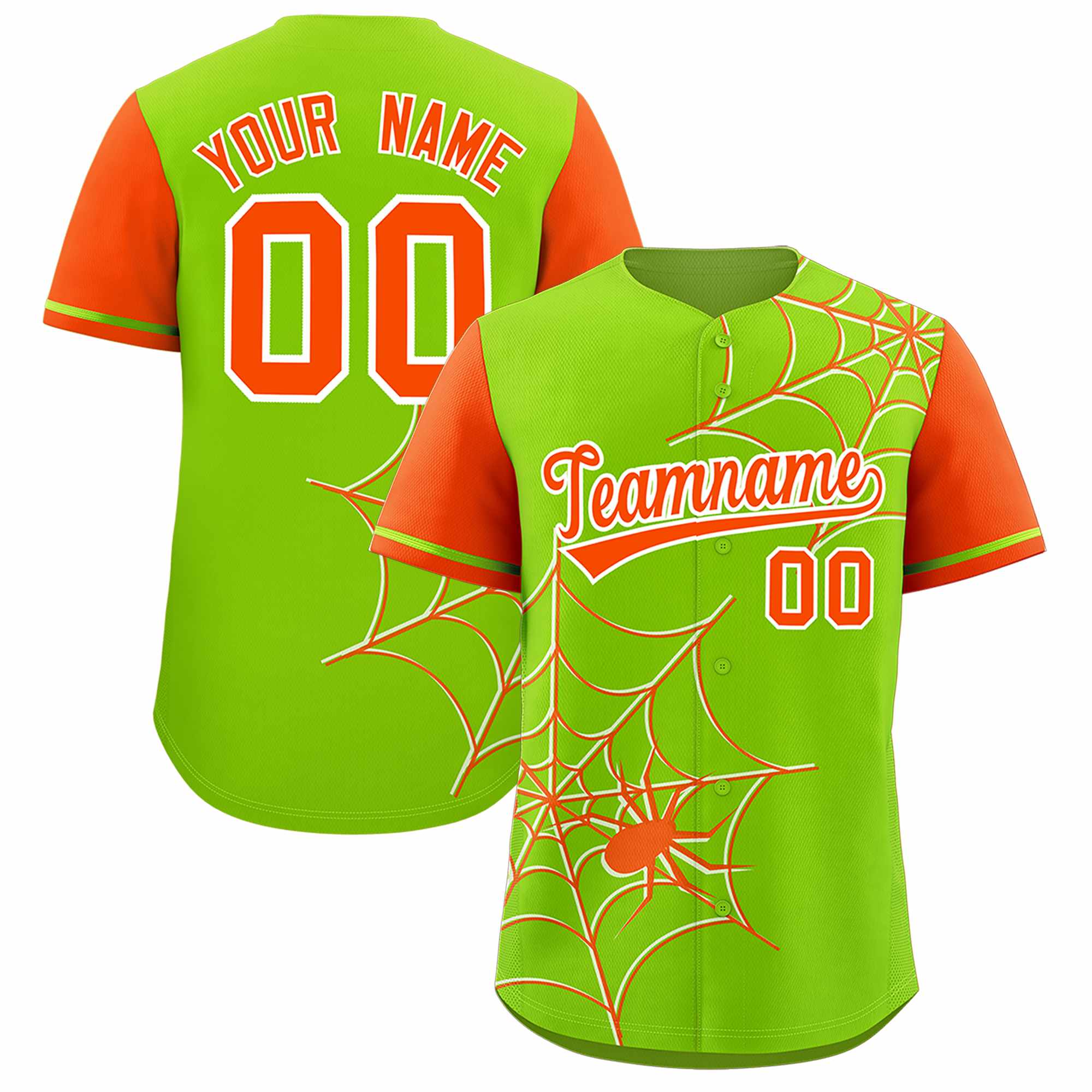 Custom Neon Green-Orange Spider Web Pattern Raglan Sleeves Authentic Baseball Jersey | KXKSHOP