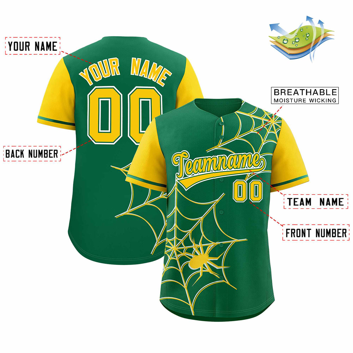 Custom Kelly Green-Gold Spider Web Pattern Raglan Sleeves Authentic Baseball Jersey | KXKSHOP