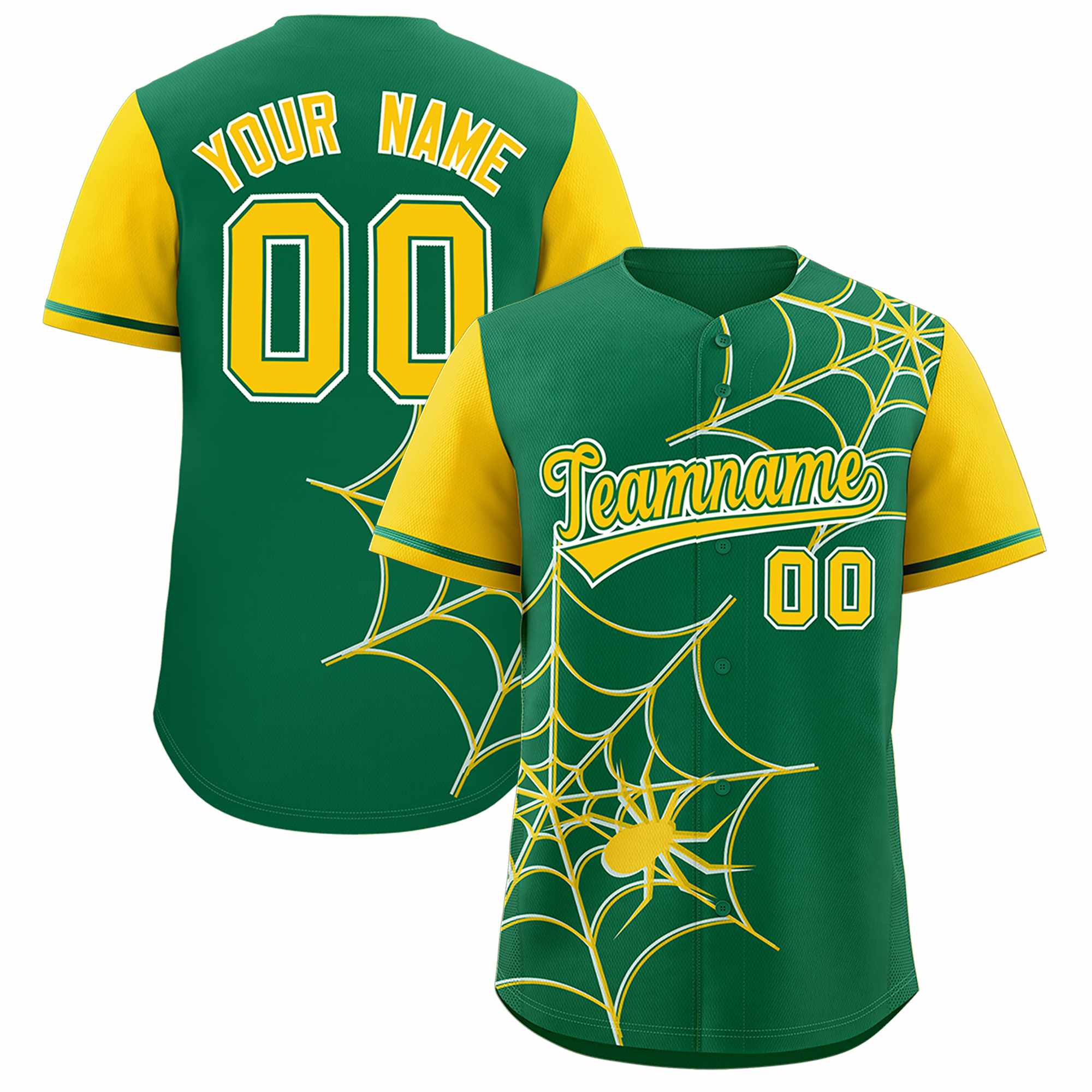 Custom Kelly Green-Gold Spider Web Pattern Raglan Sleeves Authentic Baseball Jersey | KXKSHOP